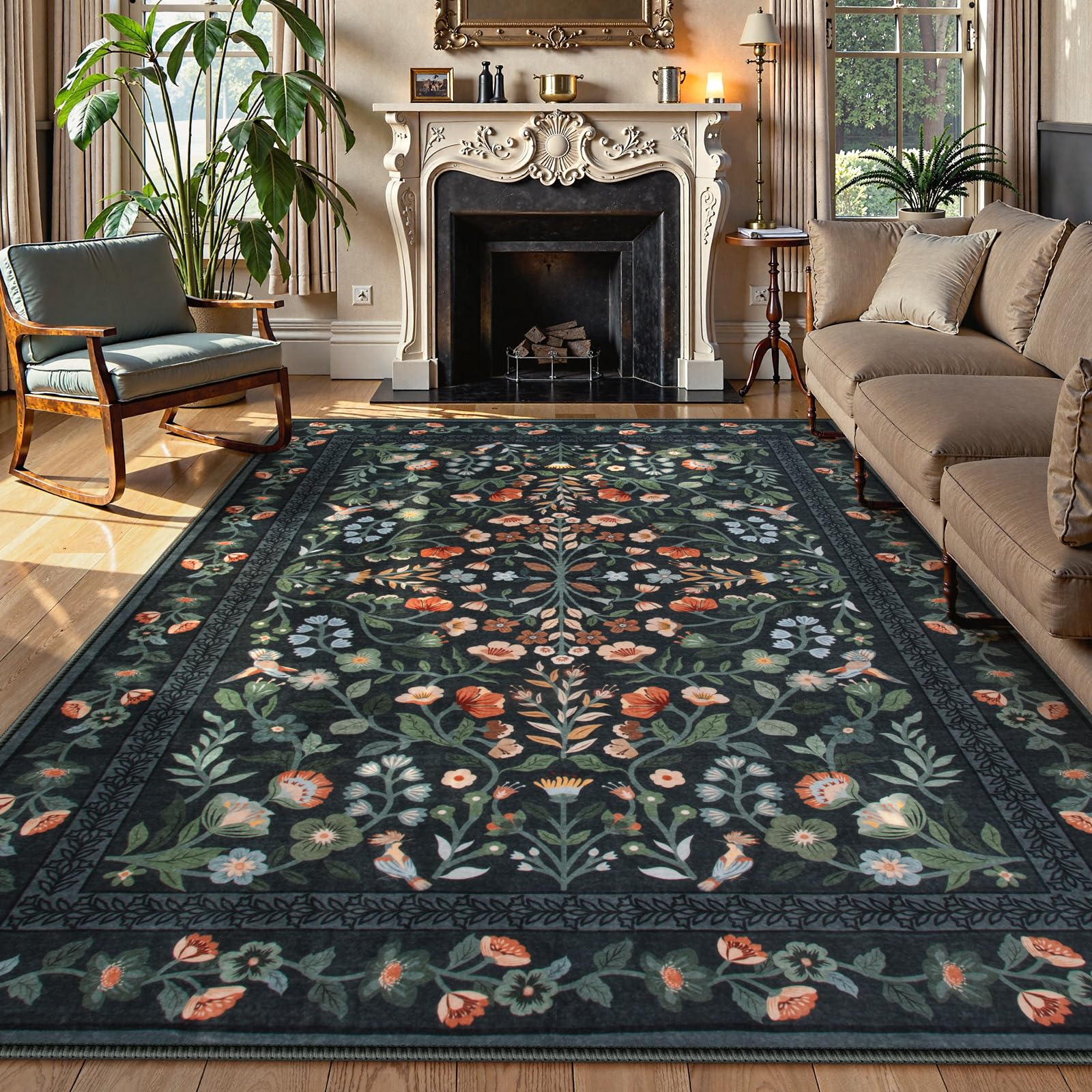 Lahome Floral Washable Area Rugs 8x10, Non-Slip Living Room Carpet Soft Tumble Washable Rugs for Bedroom Nursery, Vintage Botanical Print Carpet for Classroom Kids Room Dining Room, Black 8'
