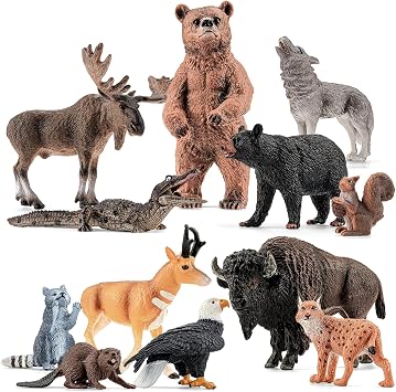12PCS Large North American Animal Figurines, Realistic Safari Woodland Jungle Animals Figures Toys Includes Crocodile,Wolf,Bear,Deer, Birthday Gift Party Favors Valentines Day Gifts for Kids