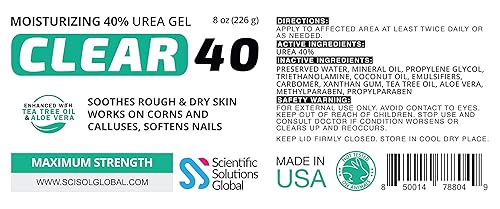 Vista 6 de Clear 40, 40% gel de urea, 8 onzas con aceite de árbol de té y coco, extracto de aloe vera, funciona en callos y callos, hidrata y suaviza talones
