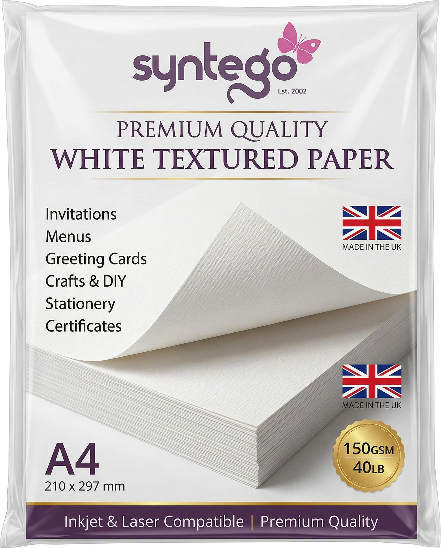 Syntego A4 Textured Paper 150gsm (40lb) โ Premium Textured Printer Paper (8.27 x 11.7 in) โ Inkjet & Laser Compatible โ Ideal for Crafting, Scrapbooking, Menus & Certificates (10, White)