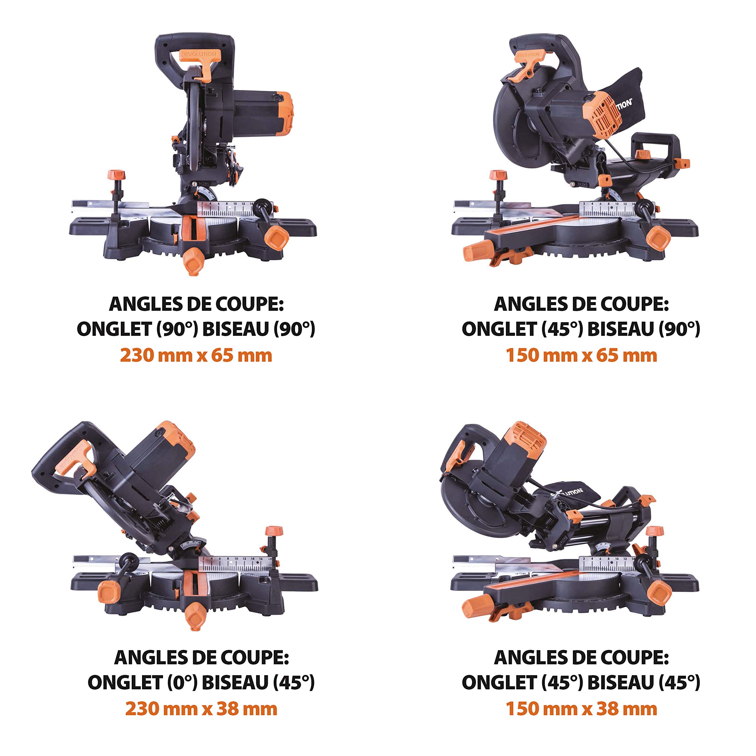 Evolution Power Tools Scie à Onglet Coulissante R210SMS+ 210mm, 0-45° Biseau, 50-50° Onglet, Coupe Multi-Matériaux