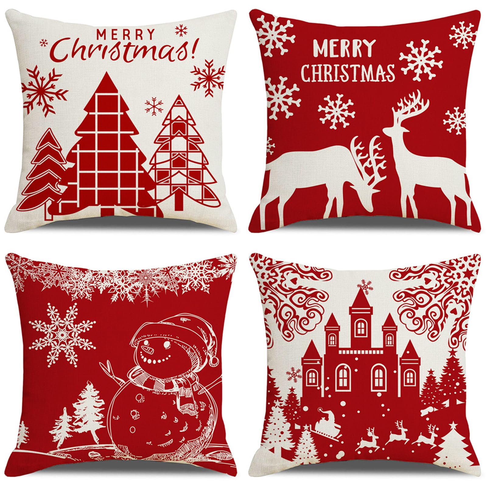 Beauenty Christmas Pillow Cover, Linen Printing Sofa Pillow Cover, Set of 4 Christmas Decor Throw Pillow Covers Cushion Cover 18“X 18” Zippered Square Pillowcase (Christmas-B)