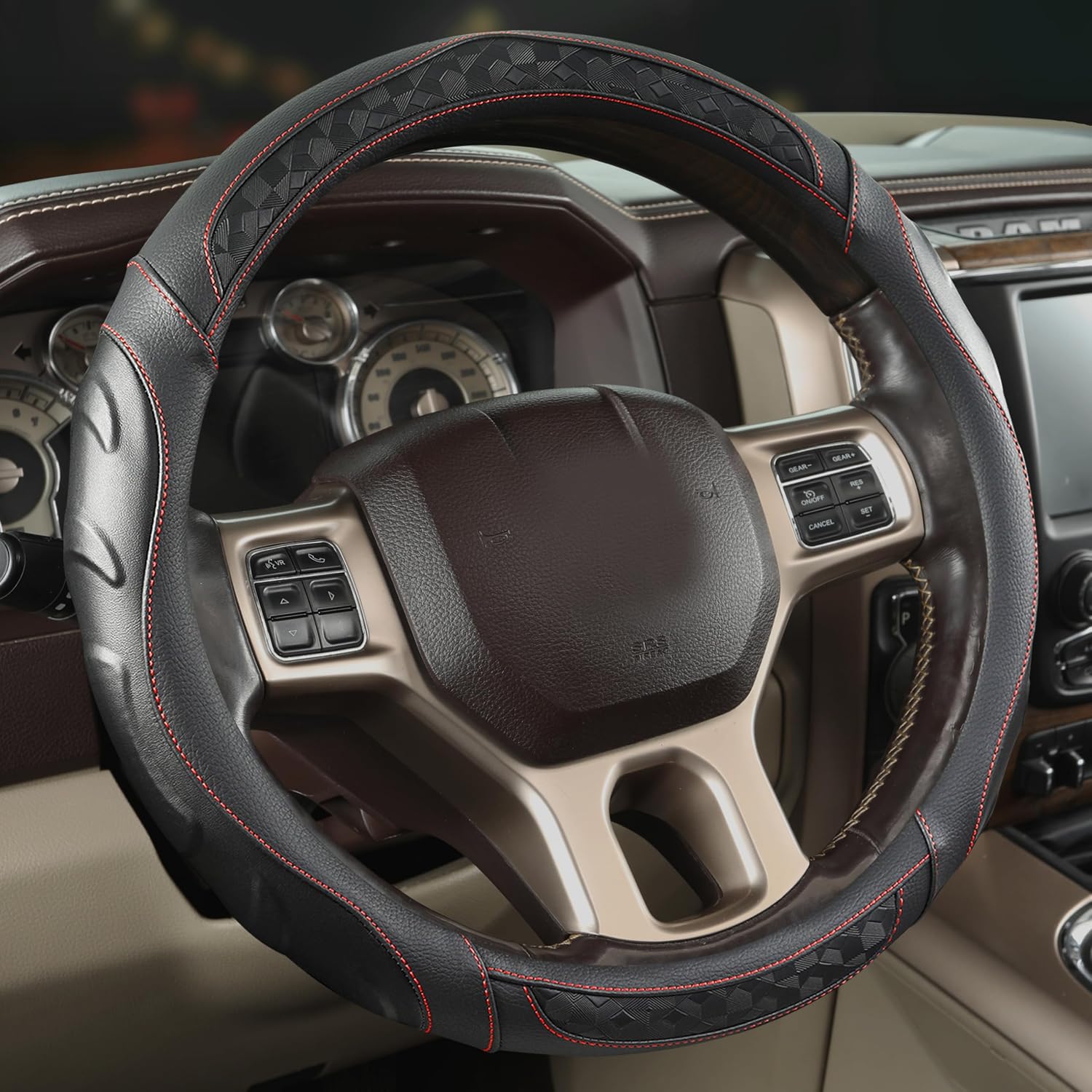 Black Seal Steering Wheel Cover for Ram 1500, 2500, 3500, Fits 15.5–16 Inch Round Wheels Anti-Slip Faux Leather (Black+Red Line)