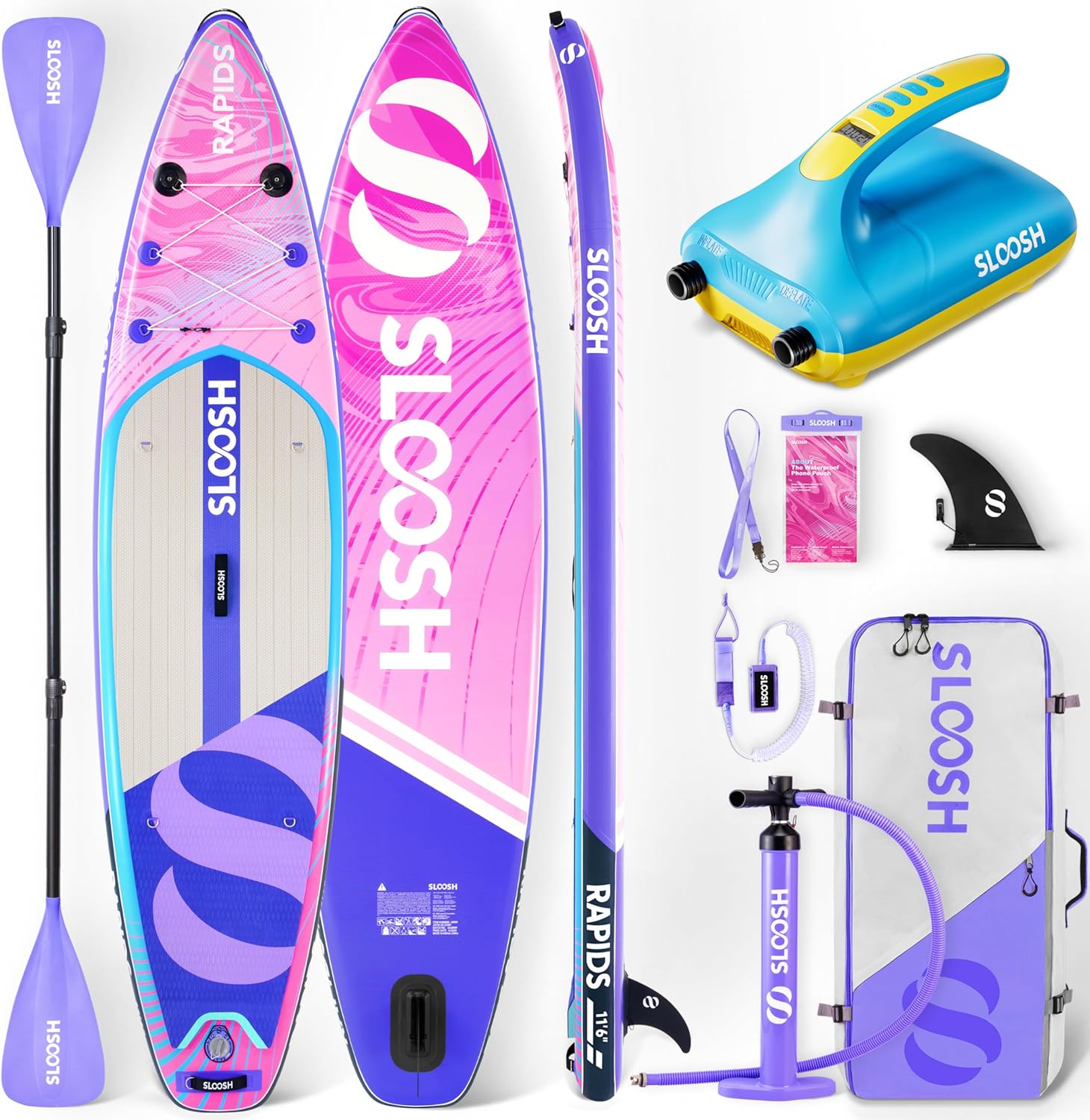 SLOOSH 11'6" Inflatable SUP Board & Electric Pump Bundle - Premium Paddle Board Kit with EVA Deck, Kayak Paddle, Fast 20 PSI Pump, Lightweight Backpack (1-Year SUP Warranty)