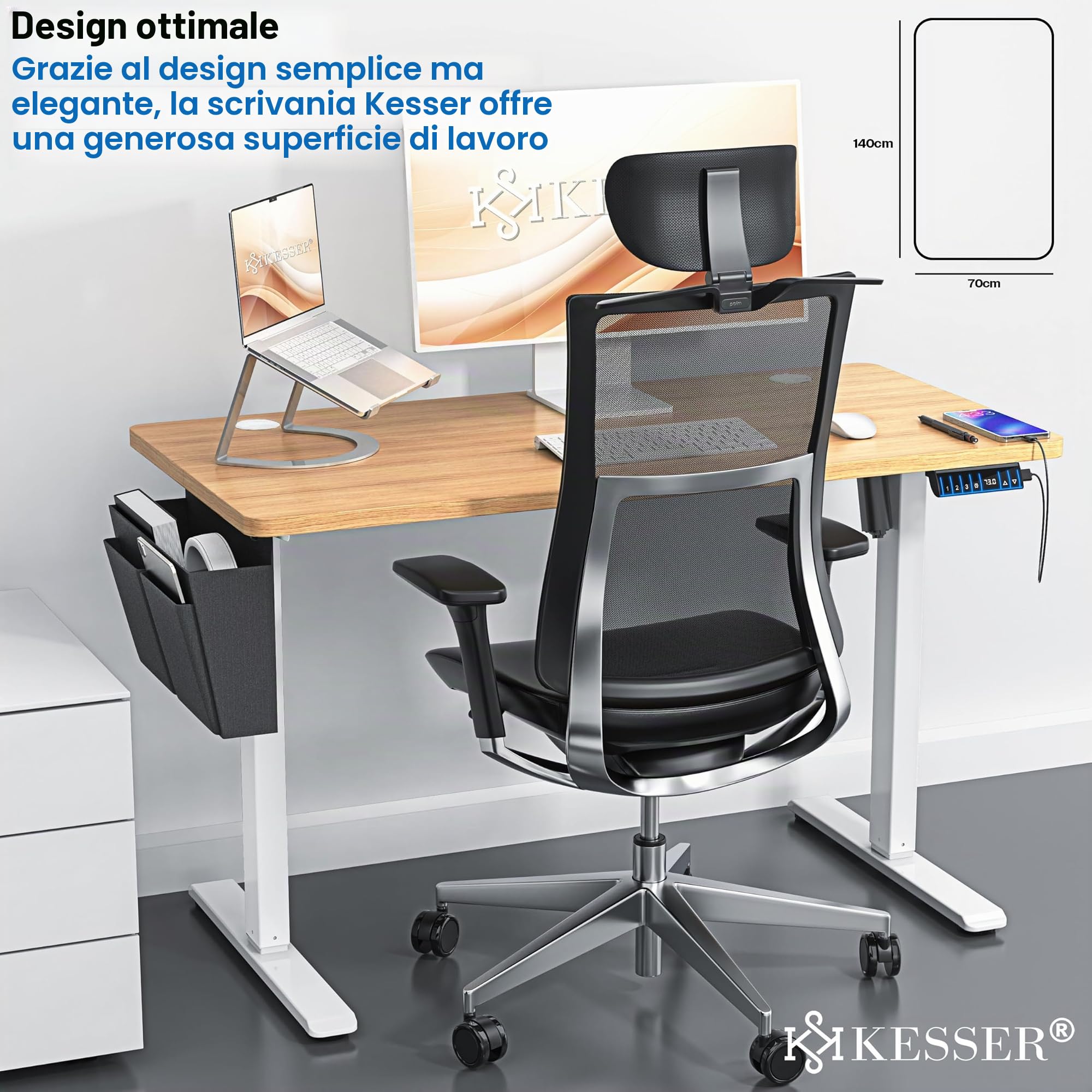 KESSER® Scrivania elettrica regolabile in altezza, Scrivania ergonomica per postura eretta, Controllo di memoria a 3 funzioni, incl. Ruote a 360° e Porta di ricarica USB, 140x70 cm - Beige