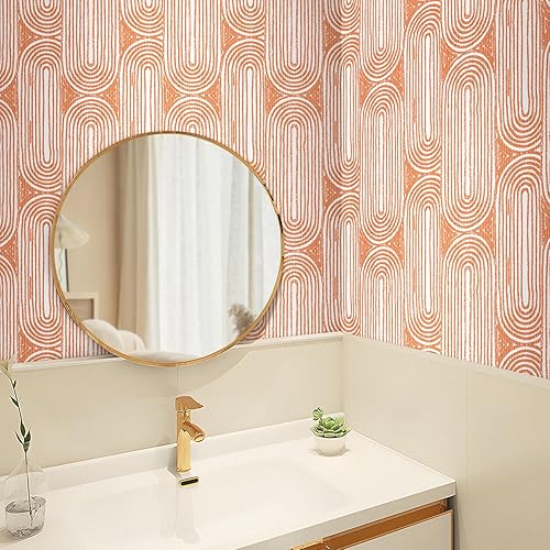 Miniatura 2 de Livelynine Papel tapiz de vinilo autoadhesivo removible, de 17.5 x 276 pulgadas, color naranja y blanco, bohemio, elegante, geométrico, de mediados