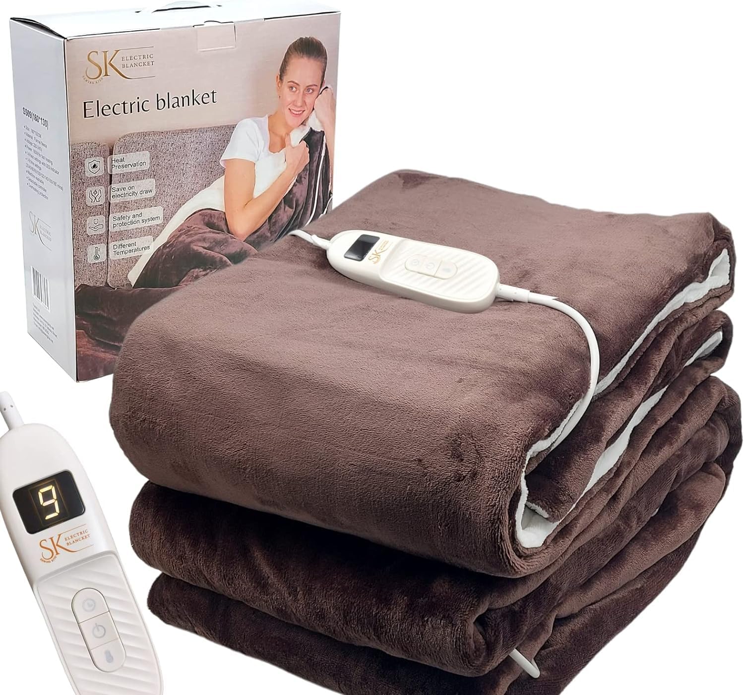 SK Electric Heated Blanket Throw Flannel Fleece Fast Heating Large size 180x130cm,9 Heat L...