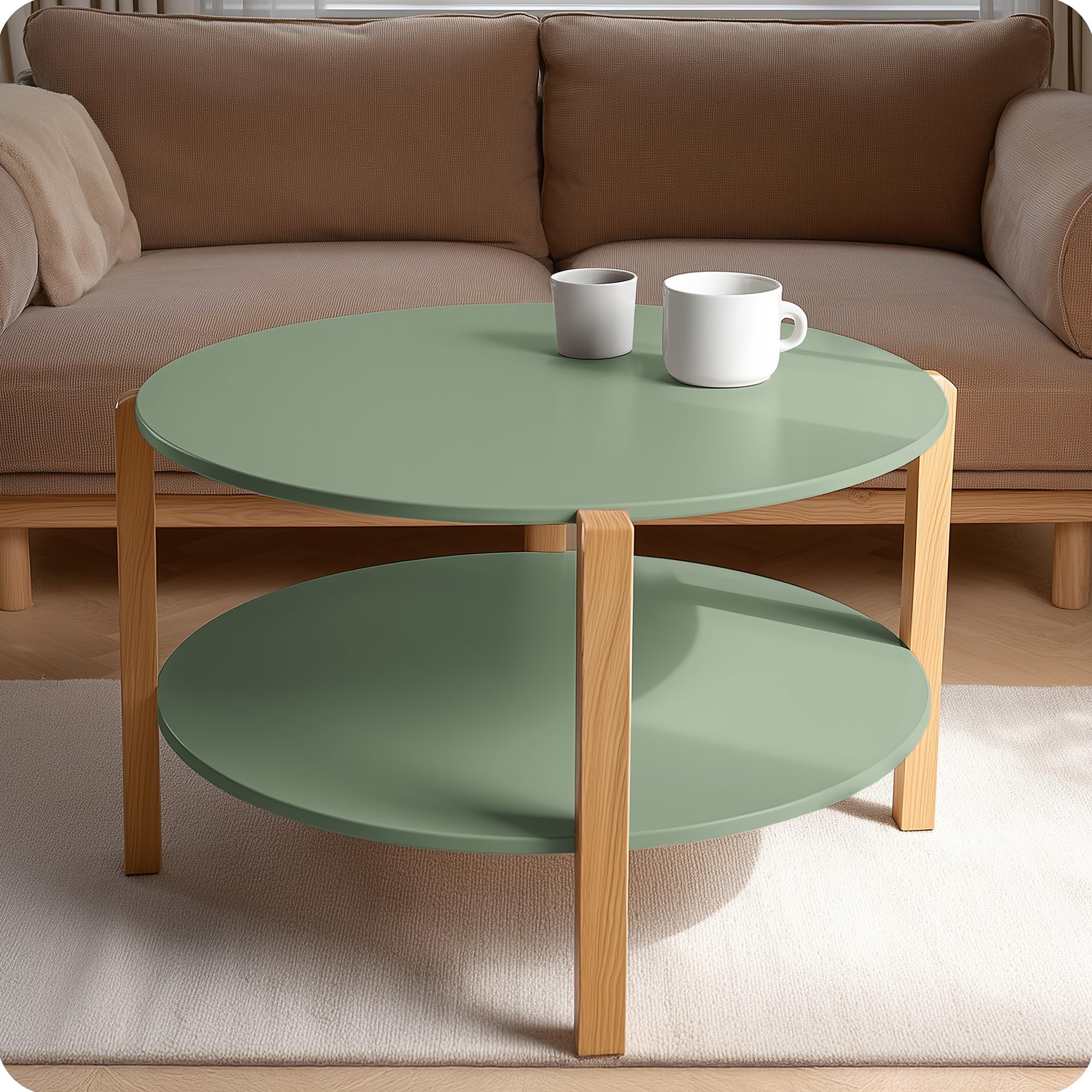 Tavolino Salotto Moderno Rotondo Ø 75 cm, Tavolino da Caffè con Ripiano, Gambe in Legno di Faggio, Tavolo Design Scandinavo per Soggiorno e Ufficio, Coffee Table Verde Oliva