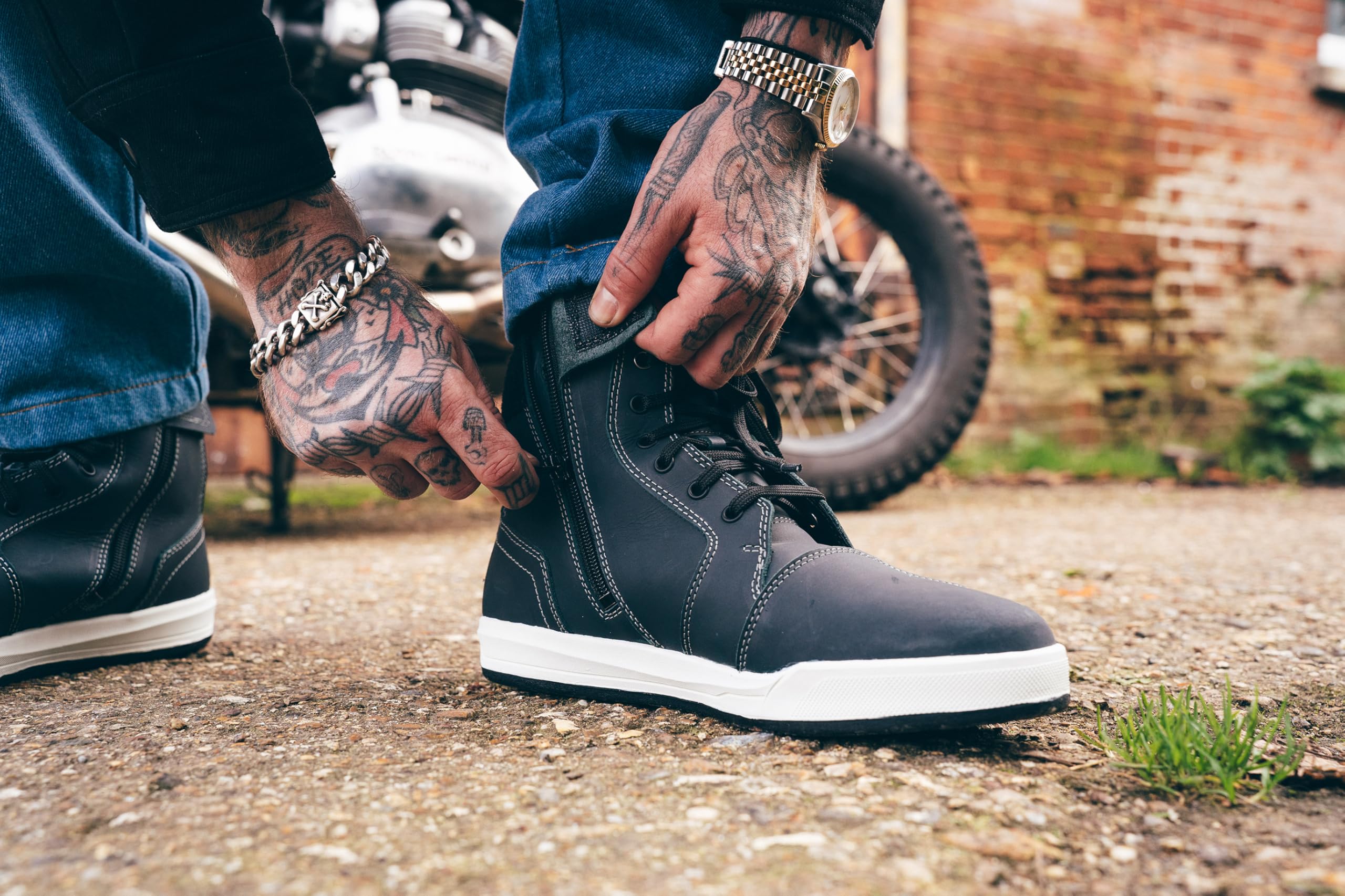 Texpeed Bottes De Moto Pour Hommes Homologuées - Chaussures De Motard En Cuir De Protection - Bleu Gris - Courte longueur - Taille 43 EU