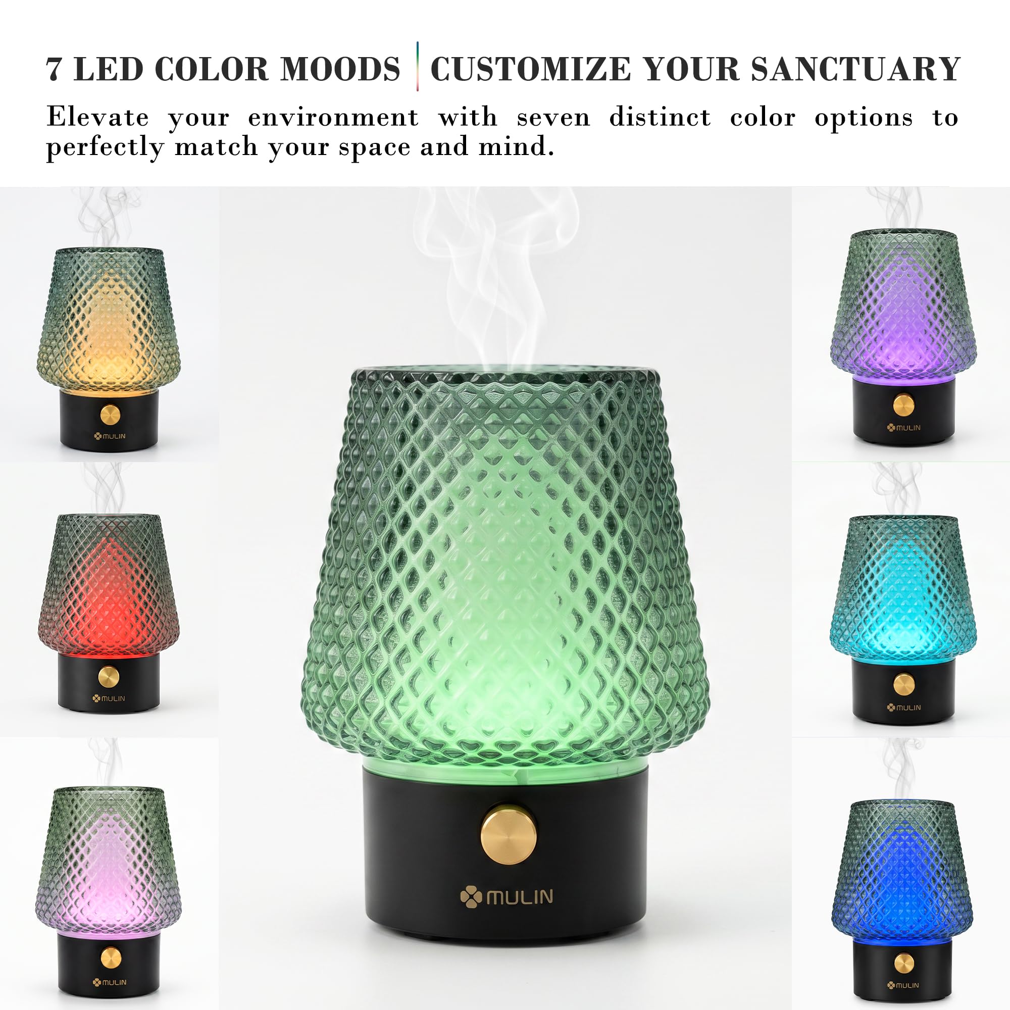 MULIN Diffusore di Oli Essenziali in Vetro, 100ML Diffusore Aromaterapia ad Ultrasuoni Ultra Silenzioso, 7 Colori LED, Senza BPA, Profumatore Ambiente per Relax e Benessere