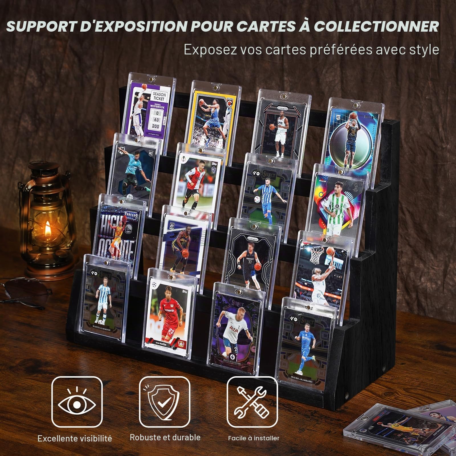 Présentoir de cartes à collectionner en bois à 4 étages - Avec porte-cartes et compartiments réglables - Pour la collecte et l'exposition de cartes de sport - Noir