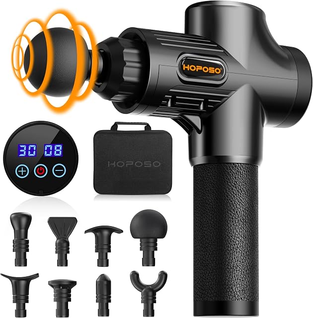 Gun de massage puissant Portable Massage Gun avec 30 Régimes 8 Têtes de masseur, Gun silencieux de moteur haute vitesse, LCD Écran, étui, cadeau pour hommes femmes
