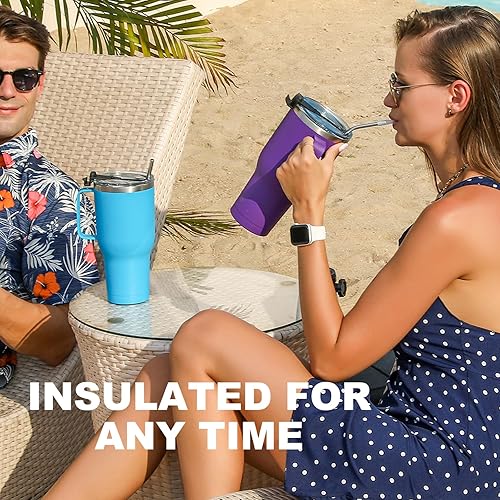 Miniatura 7 de Vaso de 40 oz con asa y popote, vaso aislado con asa a prueba de fugas, vaso grande con tapa y popote (naranja)