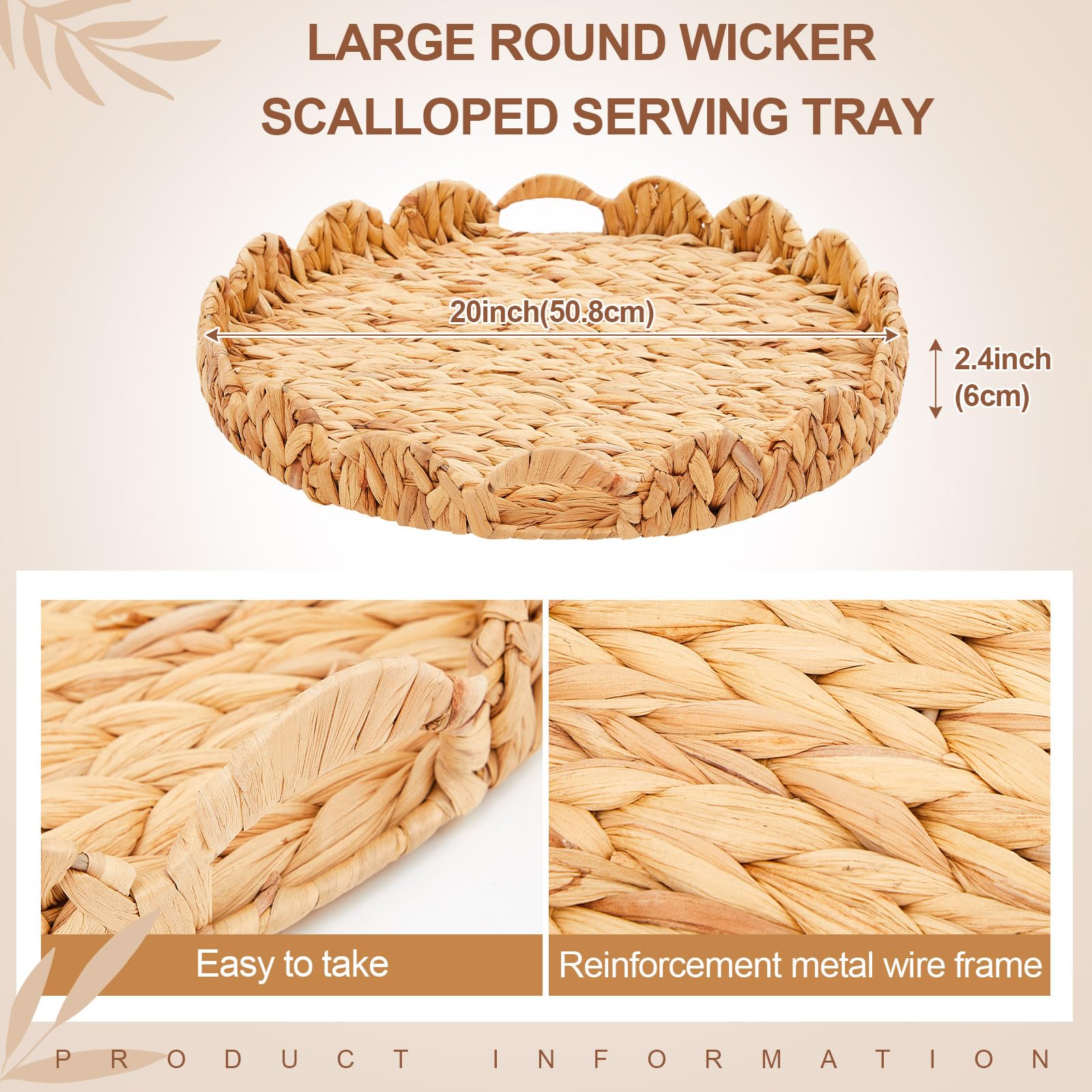Großes rundes Serviertablett aus Korbgeflecht, 50,8 cm, handgewebt, gewellter Rand, rundes Rattan-Tablett mit Griffen, für Couchtisch, Wohnzimmer, Dekoration und Organizer (Wasserhyazinthe)