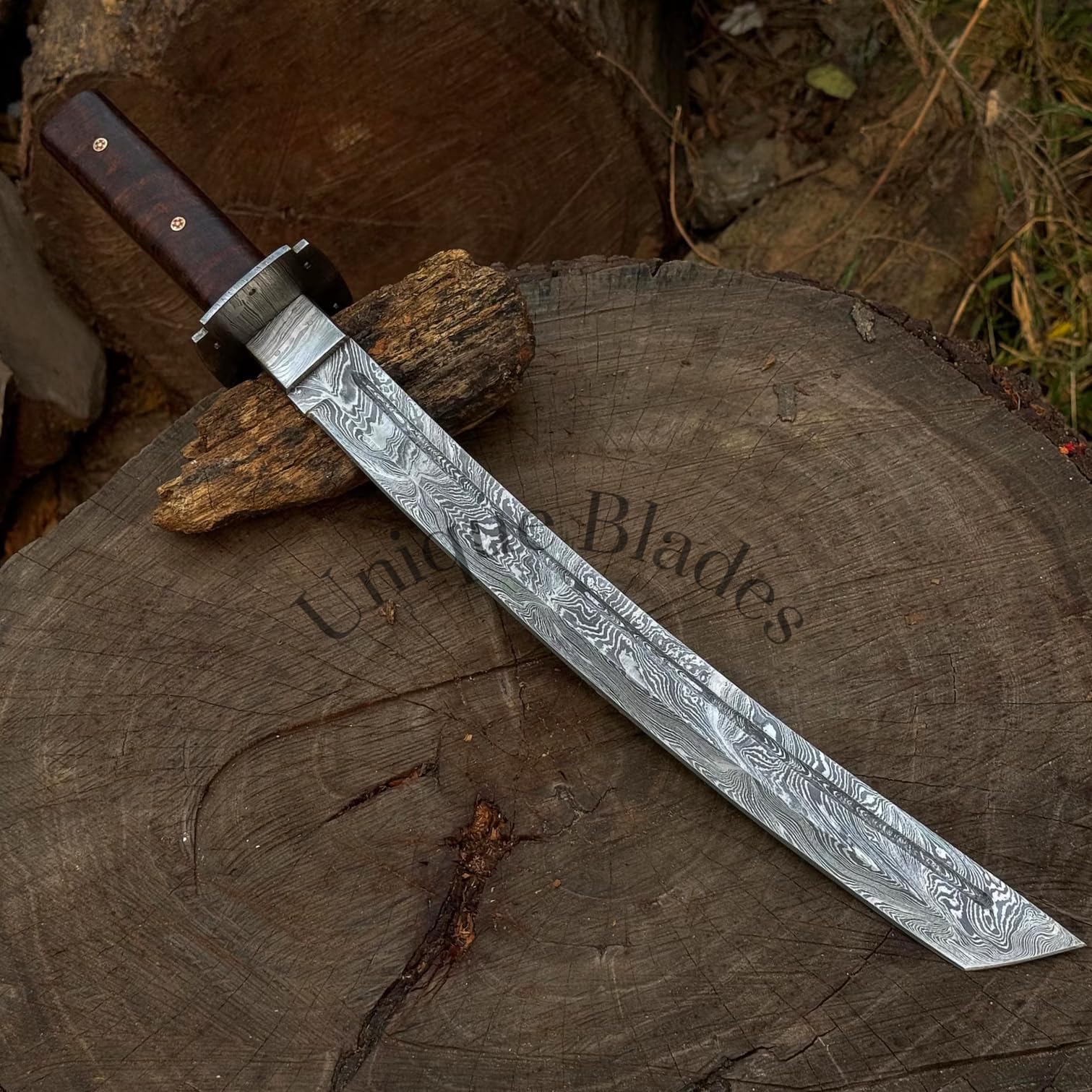 Jagdmesser Im Katana-stil Aus Damaszenerstahl, 20 Zoll Lange Klinge Mit Durchgehendem Erl Und Blutrinne, Holzgriff, Lederscheide, Camping- Und Überlebensmesser