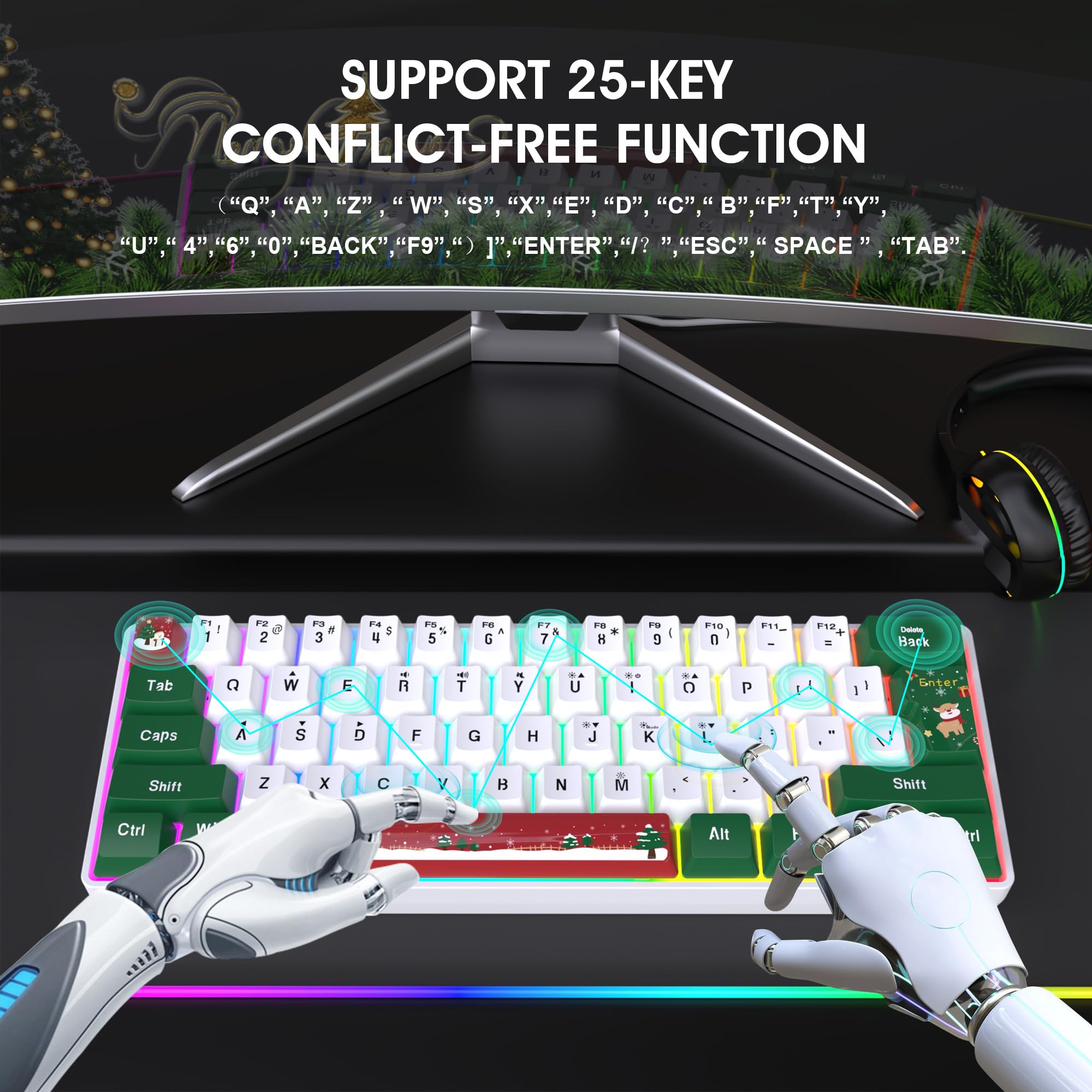Snpurdiri 60% Wired Gaming Keyboard, RGB 61-Key (Red Green White) view 5