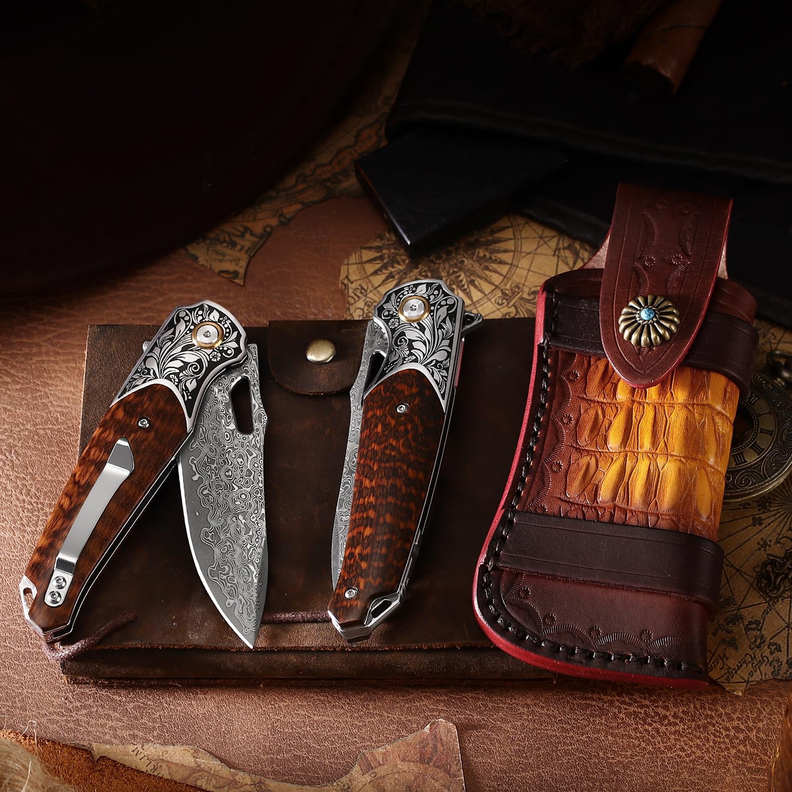 Handgefertigtes Klappmesser aus Damaszenerstahl，EDC-Taschenmesser für Männer und Frauen，Mit Lederscheide und Taschenclip, geeignet für Campingausflüge, Survival-Wanderungen, Angeln im Freien un