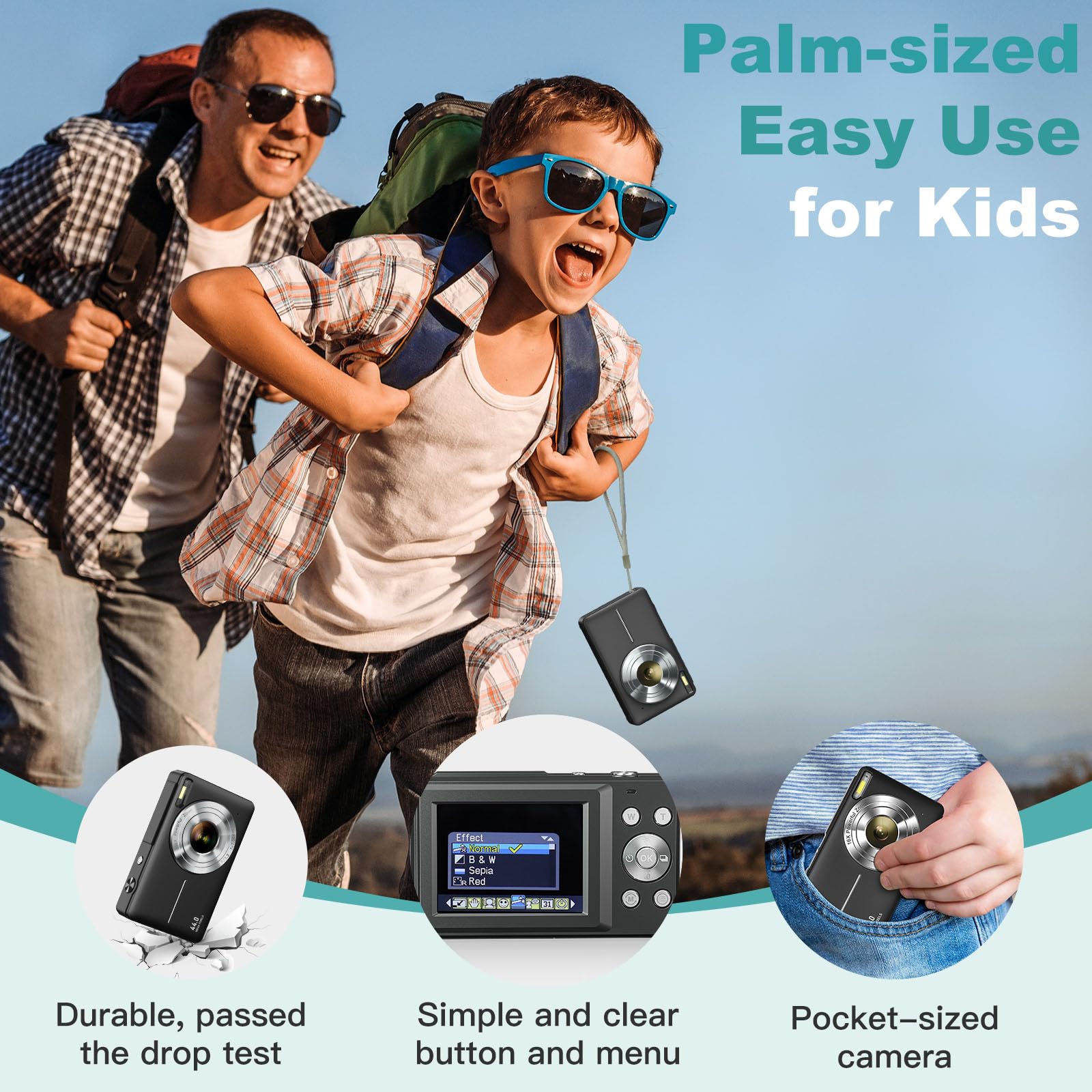 CAMKORY Appareil Photo Numérique Compact 1080P FHD 44MP Pour Enfants - Zoom 16x Avec Stabilisation Et Piles Rechargeables