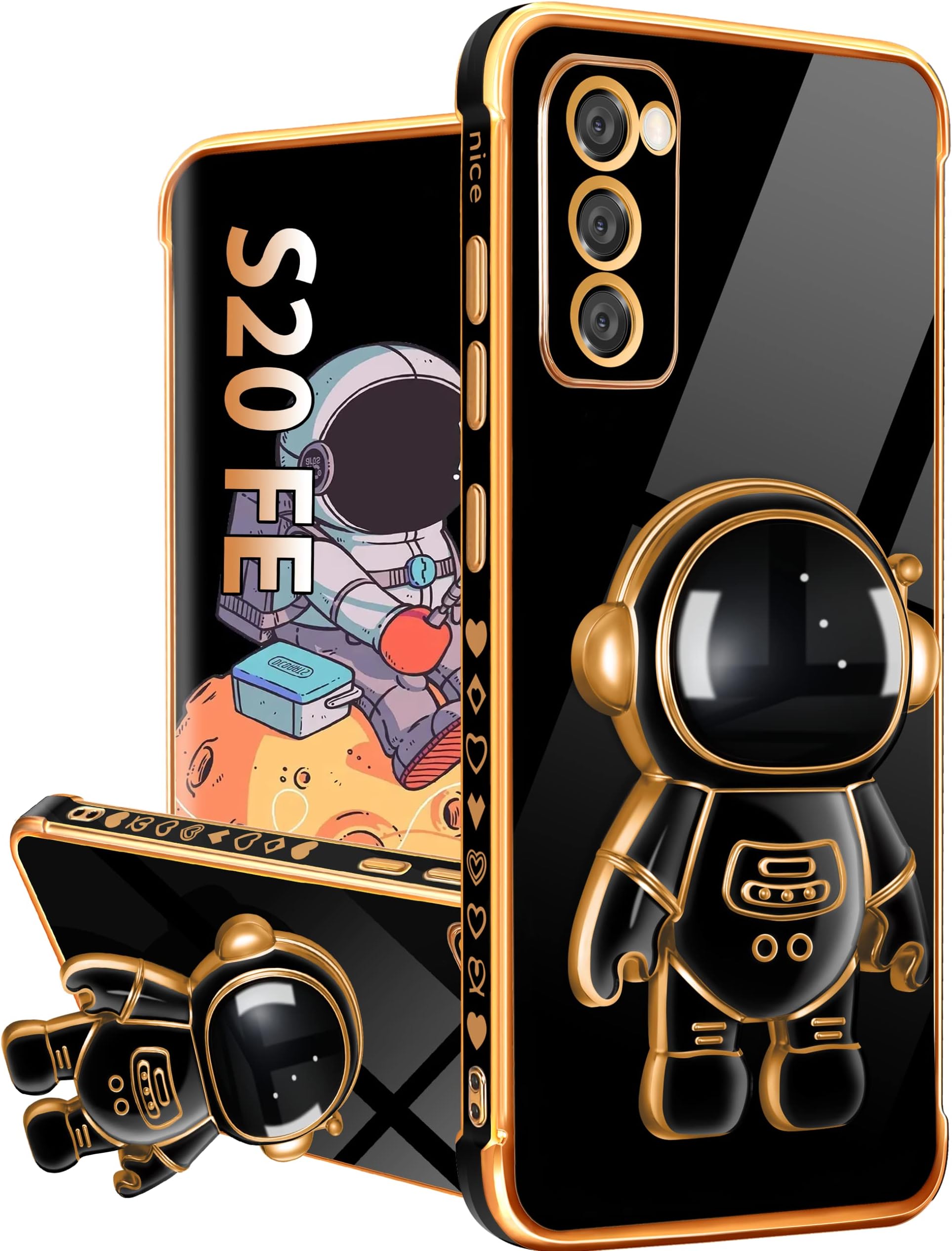 Buleens for Samsung Galaxy S20 FE Case with Astronaut Stand, Women Girls Galaxy for S20 FE 5G Cases with Kickstand, Girly Cute 6D Spaceman Heart Pattern Phone Cover for S20 FE 6.5 Inch Black