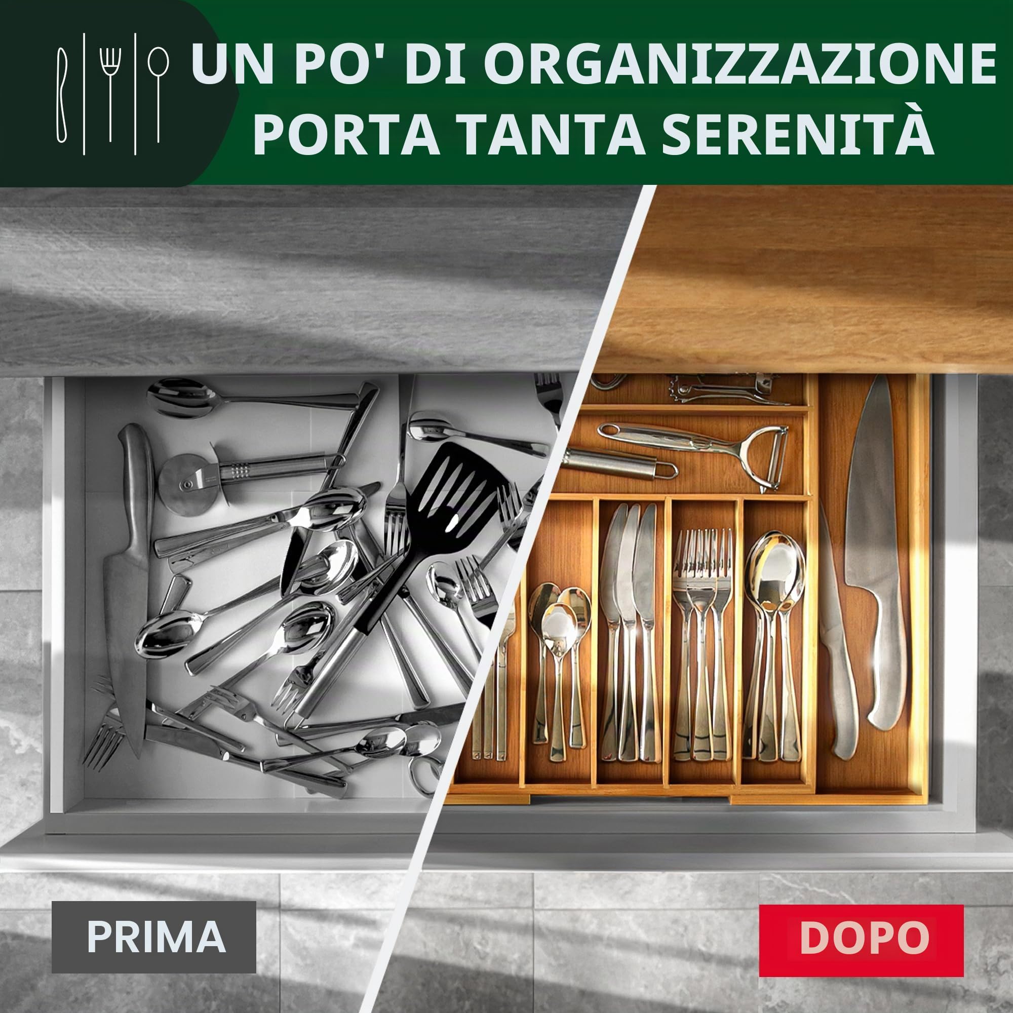 ROYAL CRAFT WOOD Organizer per Cassetti da Cucina in Bambù, di Lusso, per Posate e Utensili, Con Divisori Scanalati (9 Scomparti, Naturale)