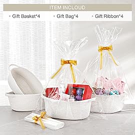4 Pack Small Woven Basket with Handles, All 12x 8x 5, Cotton Rope Room Shelf Storage Basket, Cat Toys, Cute Baby Gift Basket with Gift Bags and Ribbons for Nursery, Empty Decorative Gift Chest Box