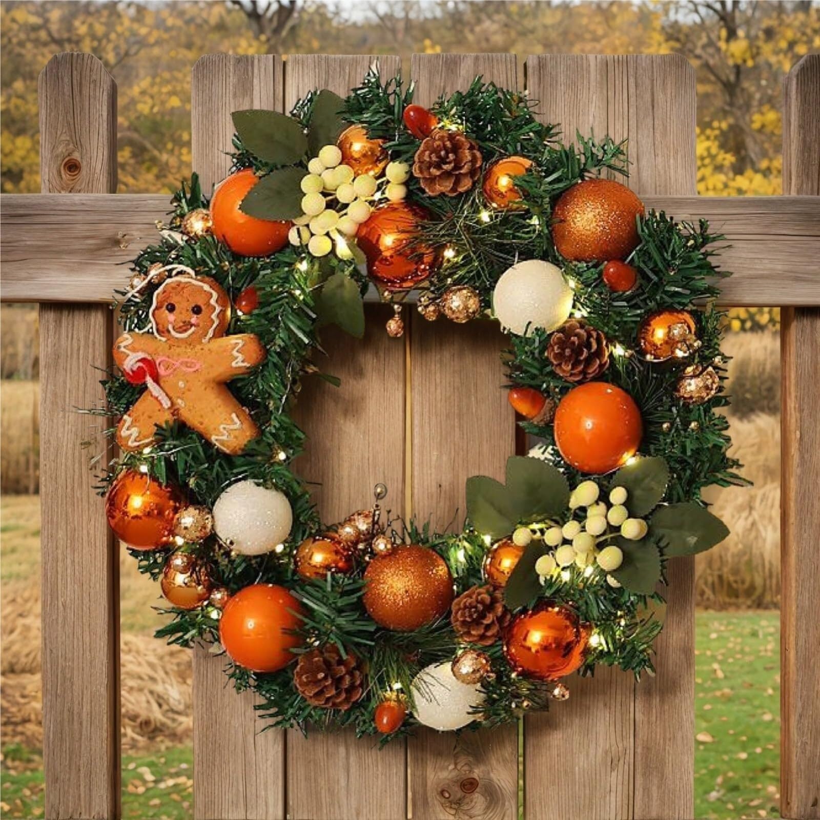 Dekoriert Weihnachtskranz mit Lichtern, extra groß, 39,9 cm, for die Wandbehang an der Haustür, Winterkranz, Girlande, Ornament for Haustür und Fenster Exquisit