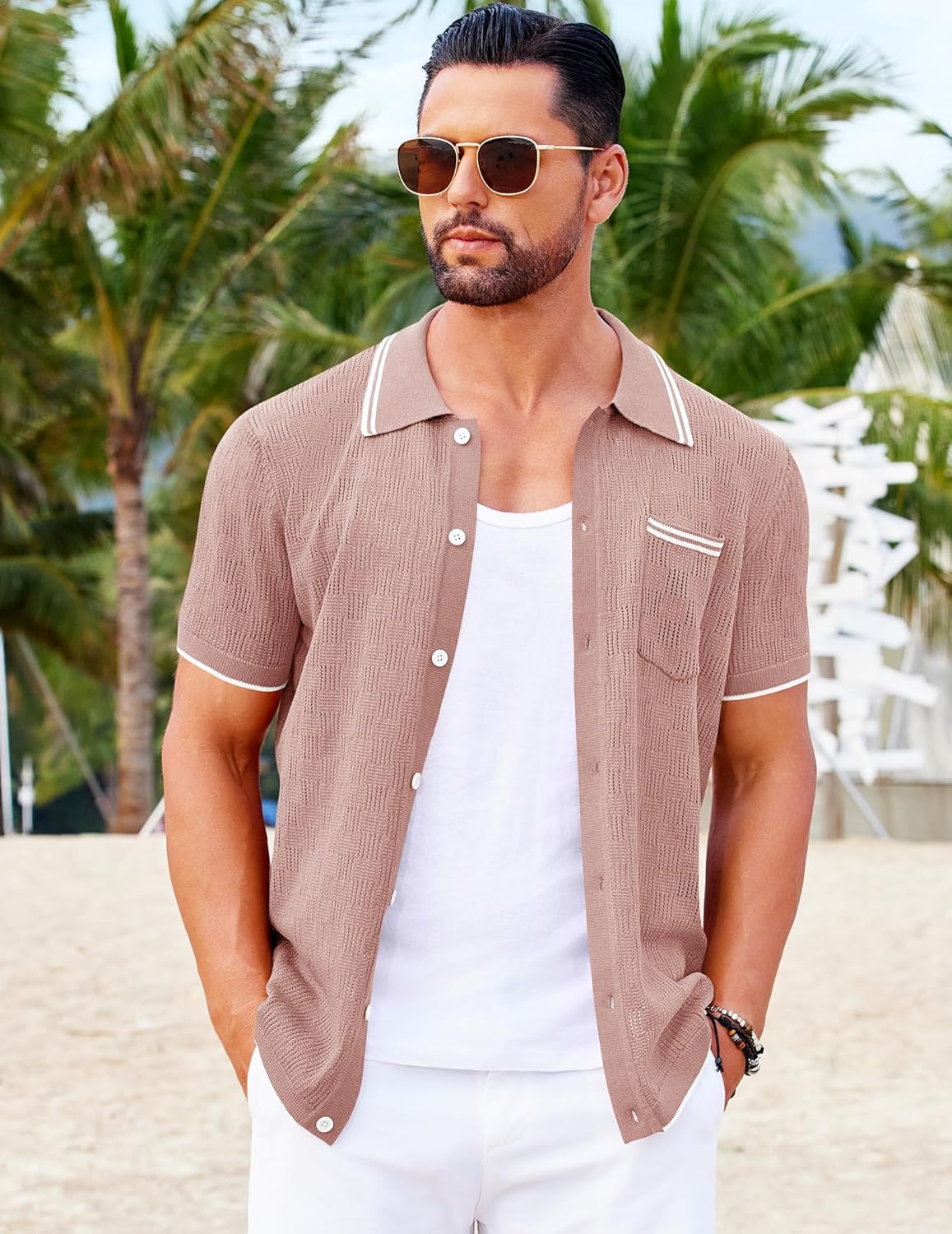 COOFANDY Men's Knit Button Down Shirt Vintage Polo Shirts Short Sleeve Summer Beach Shirts - Image 5