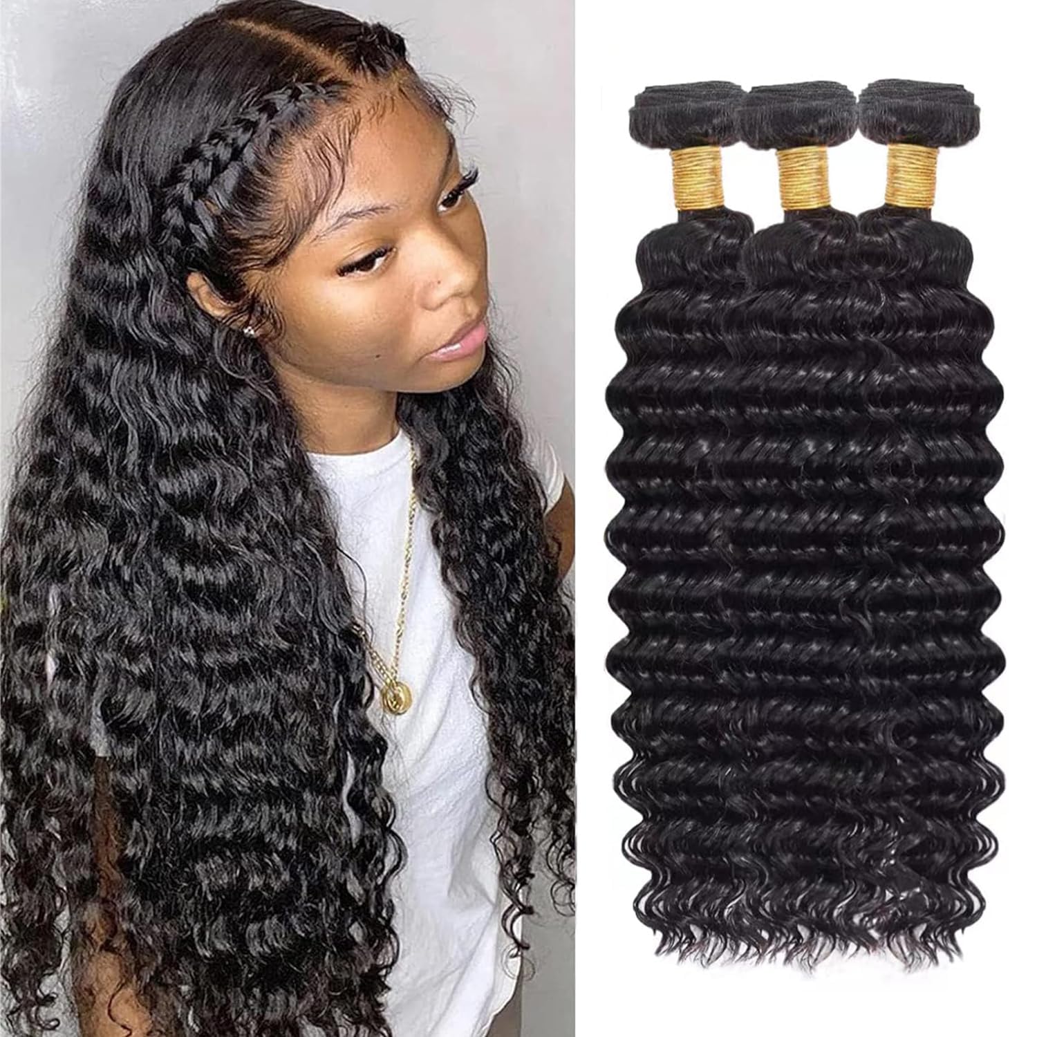 Human Hair Bundles Deep Wave 16 18 20 Inch Curly Bundle Human Hair 100% Unprocessed Brazilian Virgin Hair 3 Bundles for Women Wet and Wavy Hair Bundle