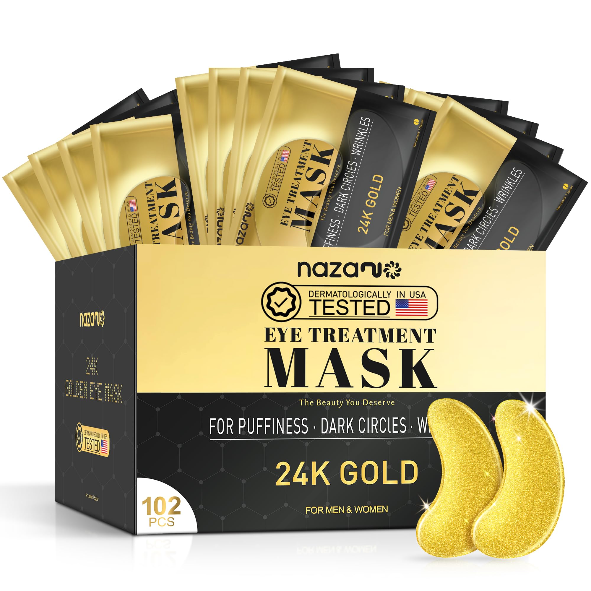 NAZANO 102 Pcs 24K Gold Under Eye Patches - Eye Masks | for Puffy Eyes, Dark Circles, Bags & Wrinkles, With Sodium Hyaluronate, Eye Care Pads Daily for Skincare Gold 102Pcs