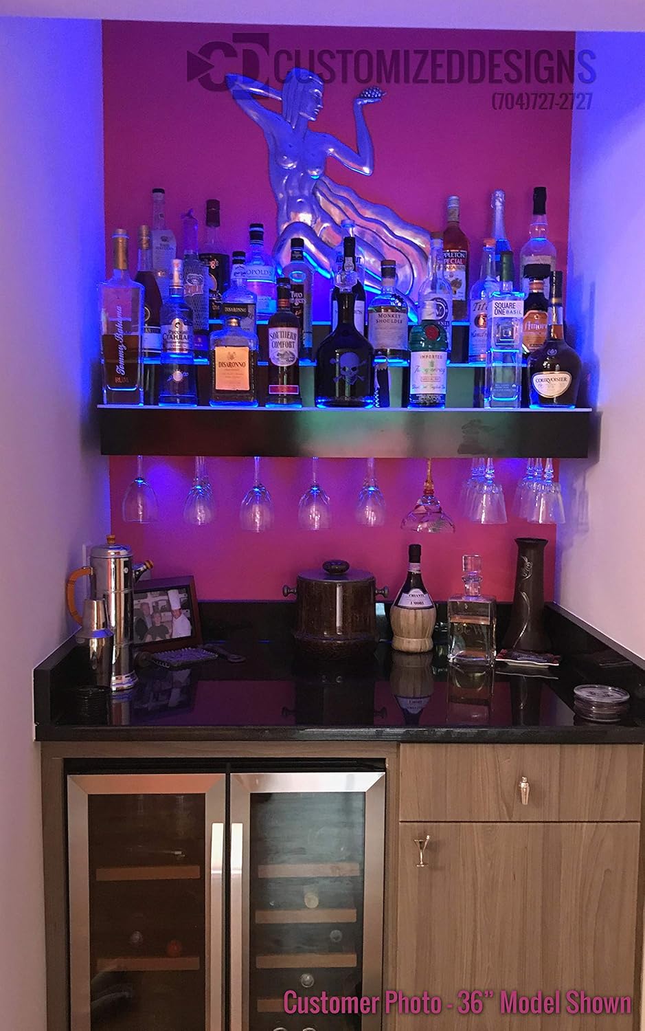 3 Tier Wall Mounted Liquor Bottle Shelving w/Wine Glass Slots & LED Lighting (24)