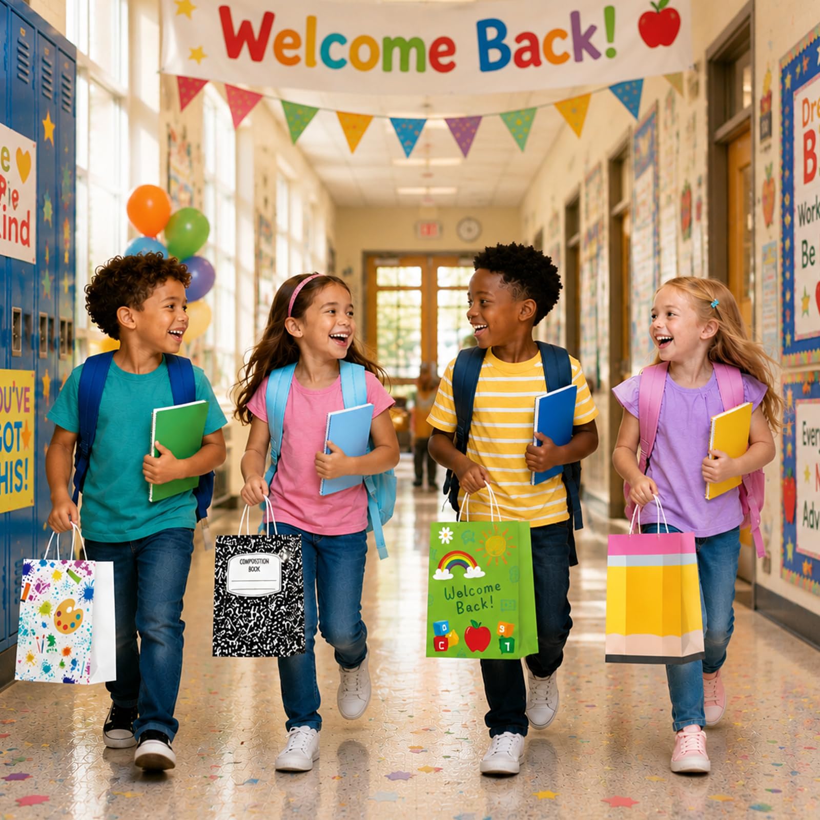64 sacchetti regalo per il ritorno a scuola Bulk Primo giorno di scuola sacchetti di carta per matite pastello composizione notebook caramelle Goodie Bag apprezzamento insegnante bomboniera per il
