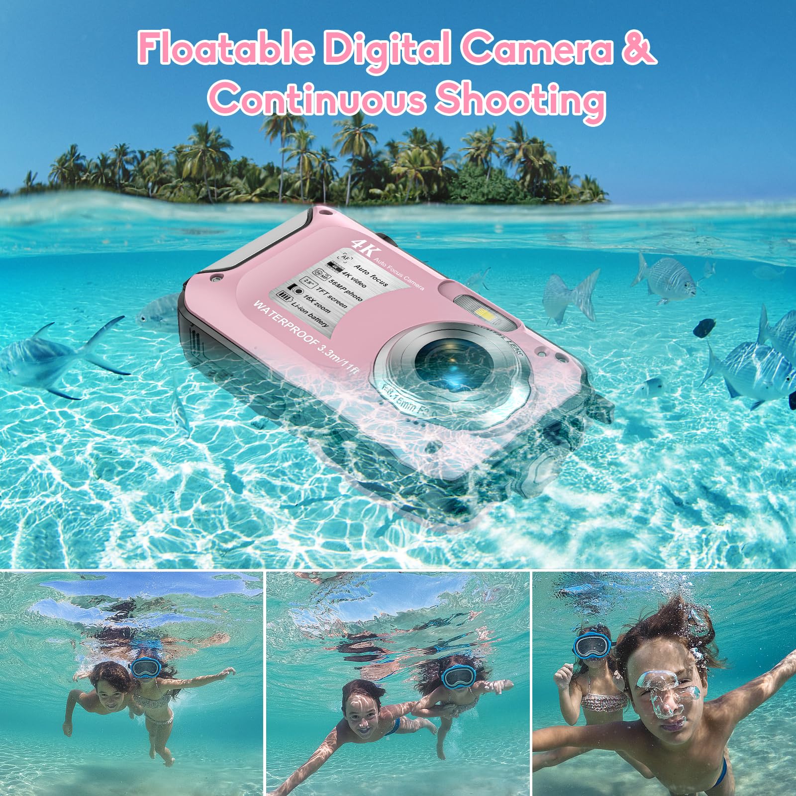 Appareil Photo Numérique Etanche Yixinxin 10FT étanche 4K vidéo 56MP Autofocus 16X Zoom Numérique pour la Plongée en Apnée avec Carte 32GB Rose Bonbon