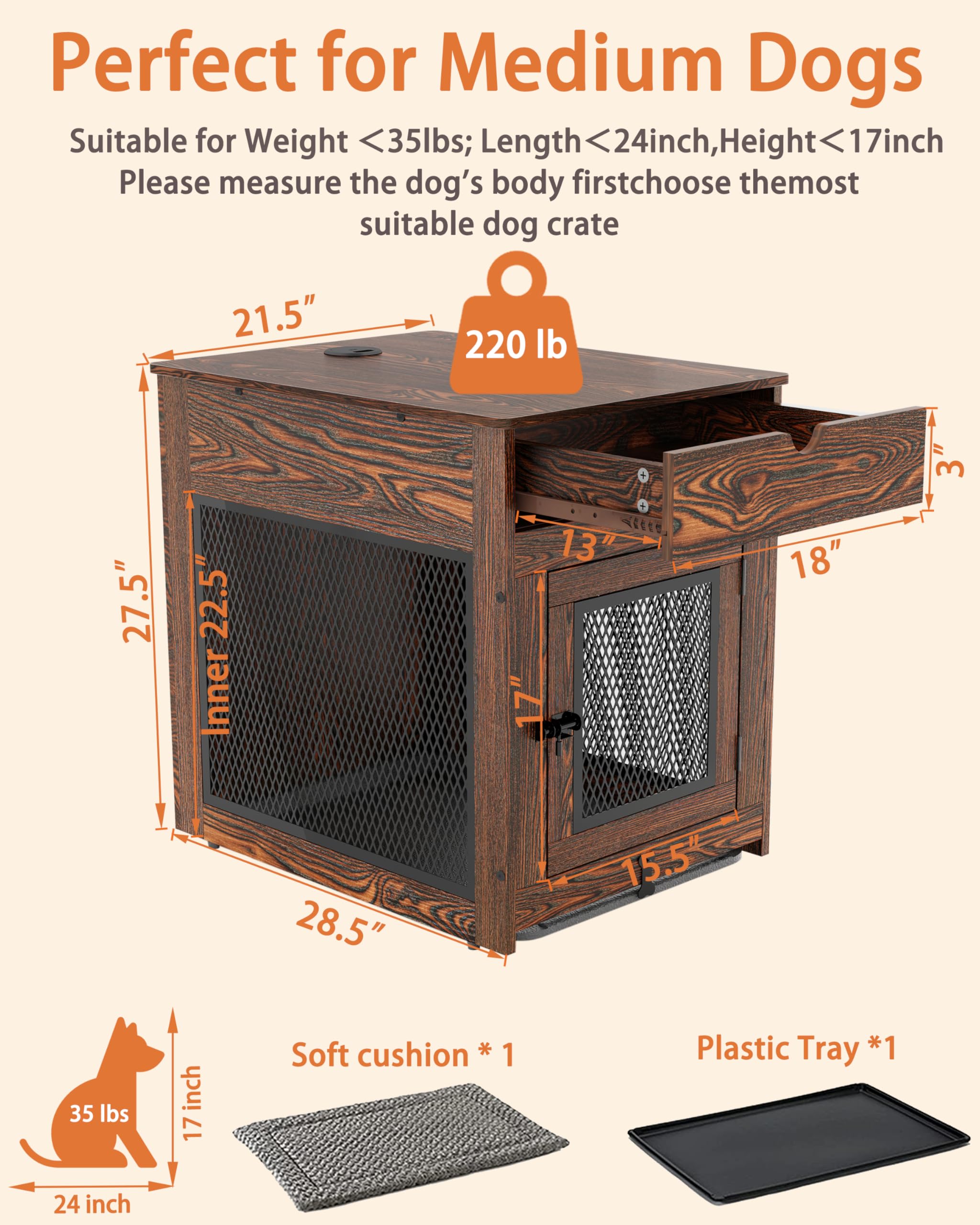 Piskyet Dog Crate Furniture,Wooden Dog Crate End Table with Storage Drawer&Cushion&Tray, QC3.0 Wireless Charging,Dual USB,Medium Dogs Rustic Style