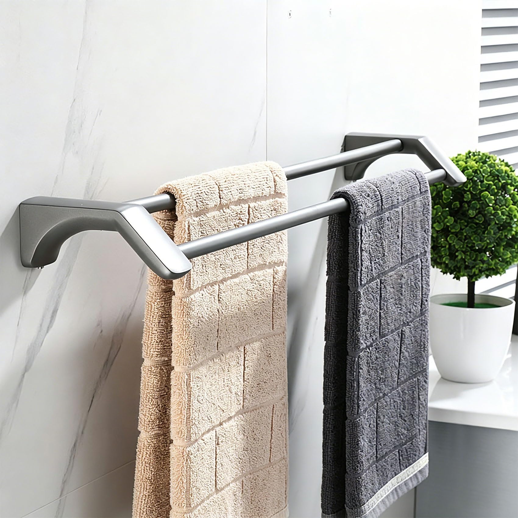 Premium Rustproof Stainless Steel Double Towel Rack, No Drill Wall Mounted Towel Holder for Bathroom Kitchen Hotel Shower, Apparment Essentials, Modern Style(Double,60cm/23.6in)