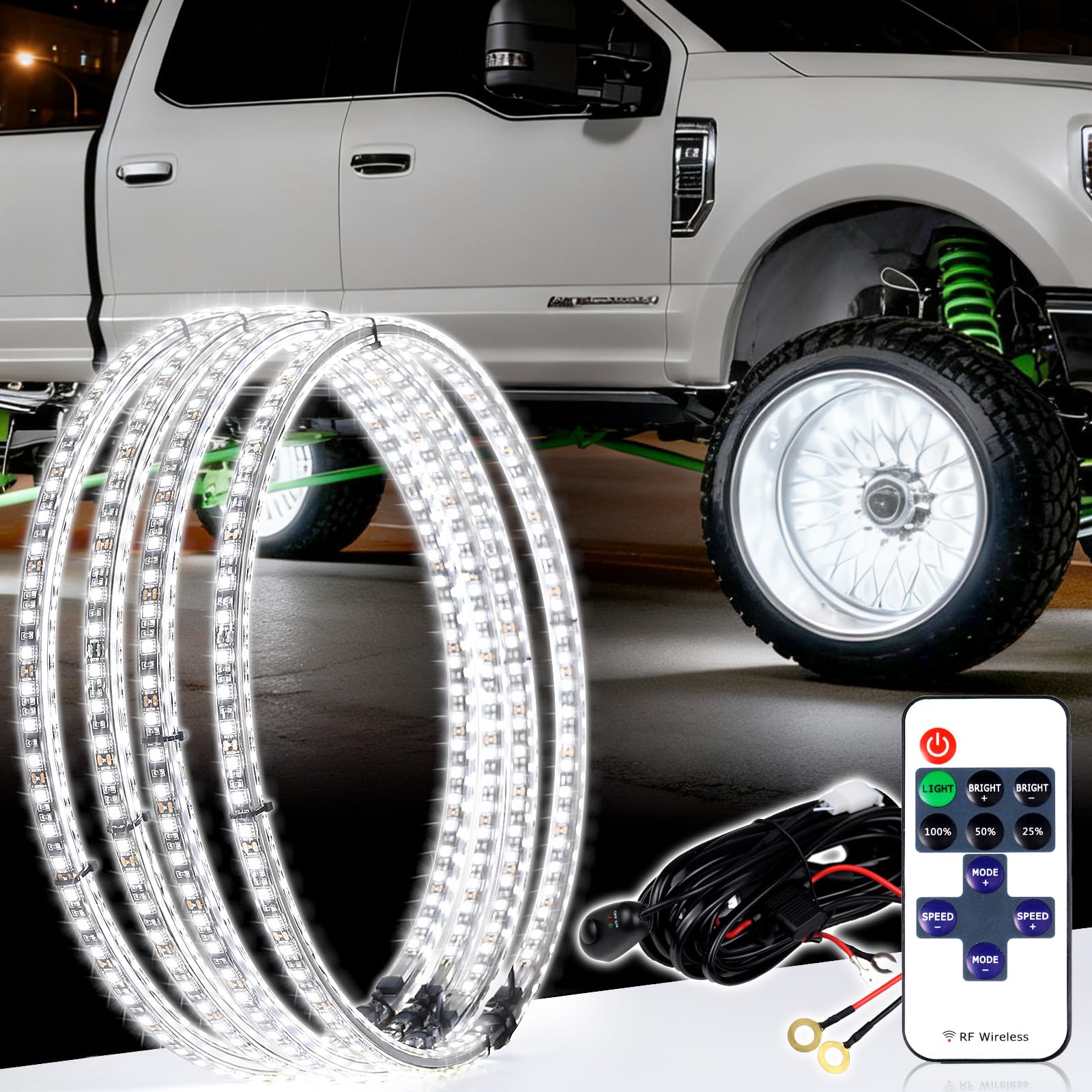 4PCS 17 INCH Double Row Pure White Wheel Lights,Chasing Light Modes, Remote Control, IP67 Waterproof, 6500K Cold White Rim Lights for Truck Pickup Car Van SUV Jeep Vehical Offroad