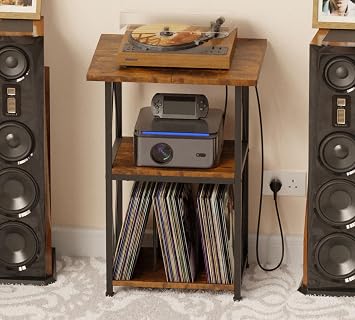 HFHOME 2025 Upgraded Extended Tabletop Record Player Stand with Charging Station, 3 Tier End Table with Vinyl Record Storage, Turntable Stand for Vinyl Player in Living Room Bedroom