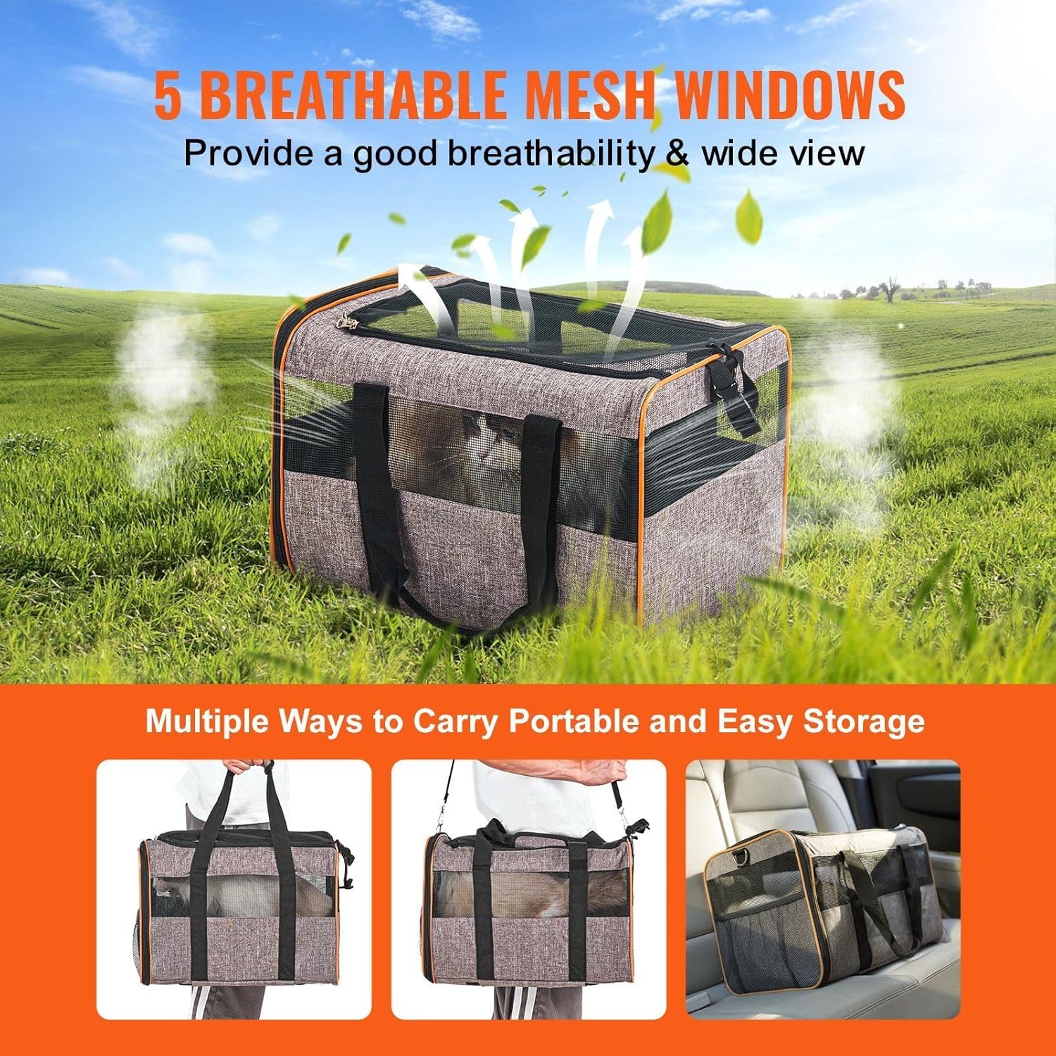 Cat Carrier with Wheels, Airline Approved Rolling Pet Carrier with Telescopic Handle and Shoulder Strap, Dog Carrier with Wheels for Pets Under 22 lbs, with 1 Folding Bowl, Grey