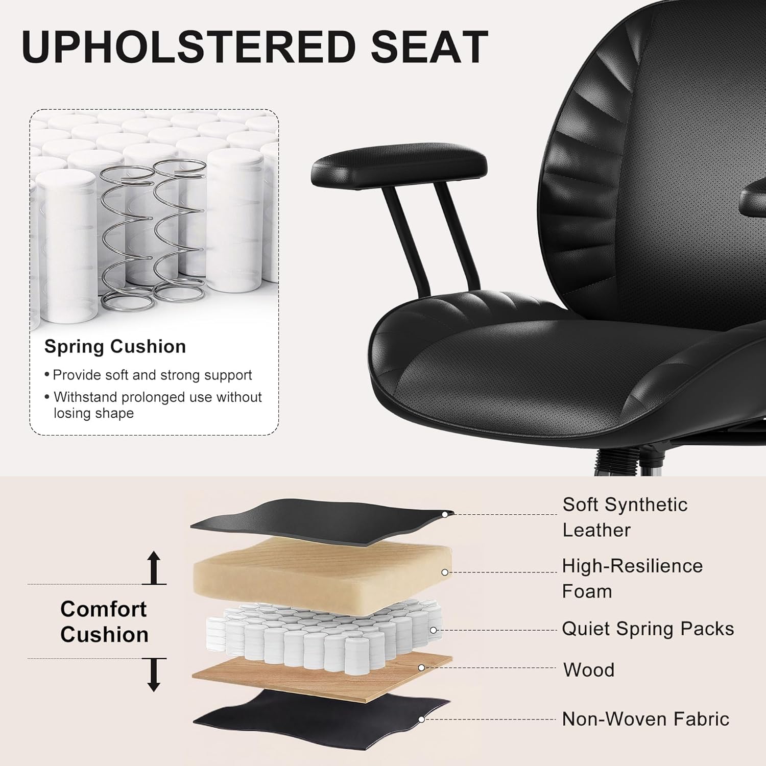 BFZ Home Office Desk Chair, Adjustable Comfy Office Chair with Wheels,Leather Office Chair with Removable Armrests, Office Desk Chair with Lumbar Support for Home Office or Workspace, Black