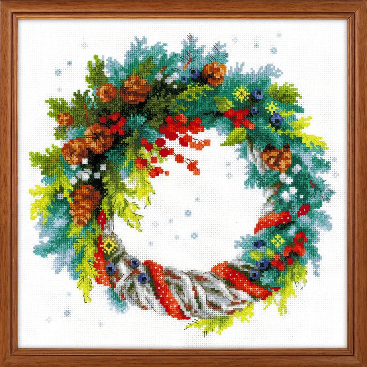 RIOLIS 1603 - Wreath with Blue Spruce - Counted Cross Stitch Kit 11¾ x 11¾ Zweigart 14 ct. White AIDA 29 Colors