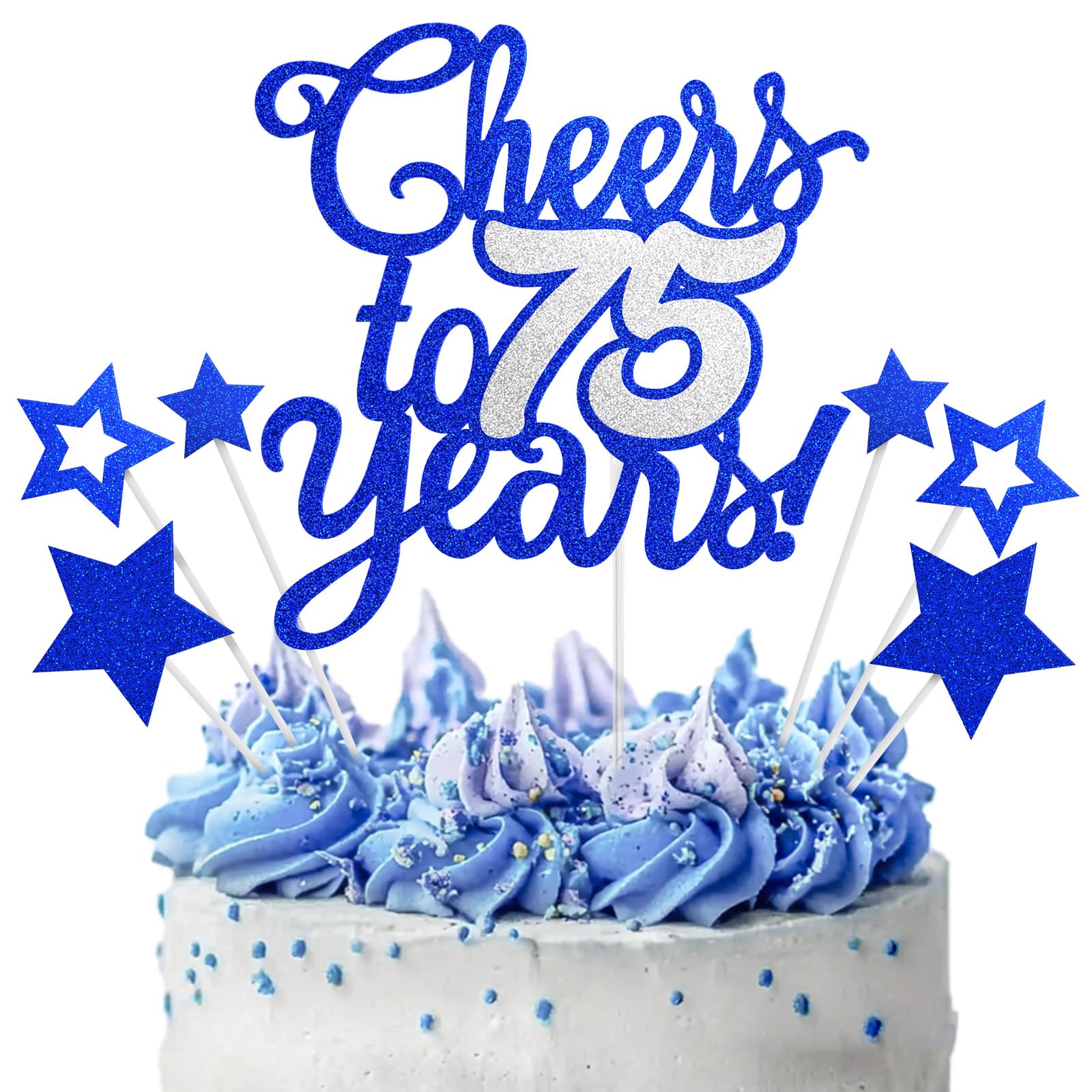 Cheers to 75 Years Cake Topper - Blue Silver 75th Birthday/Anniversary Cake Topper for Men Women - Happy 75th Birthday Cake Topper - Cake Decorations for seventy-five Birthday or Anniversary Party