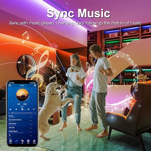Miniatura 9 de DAYBETTER Tira de luces LED de 50 pies, luces LED RGB controladas por aplicación, control remoto de 24 teclas 5050 para dormitorio, sincronización