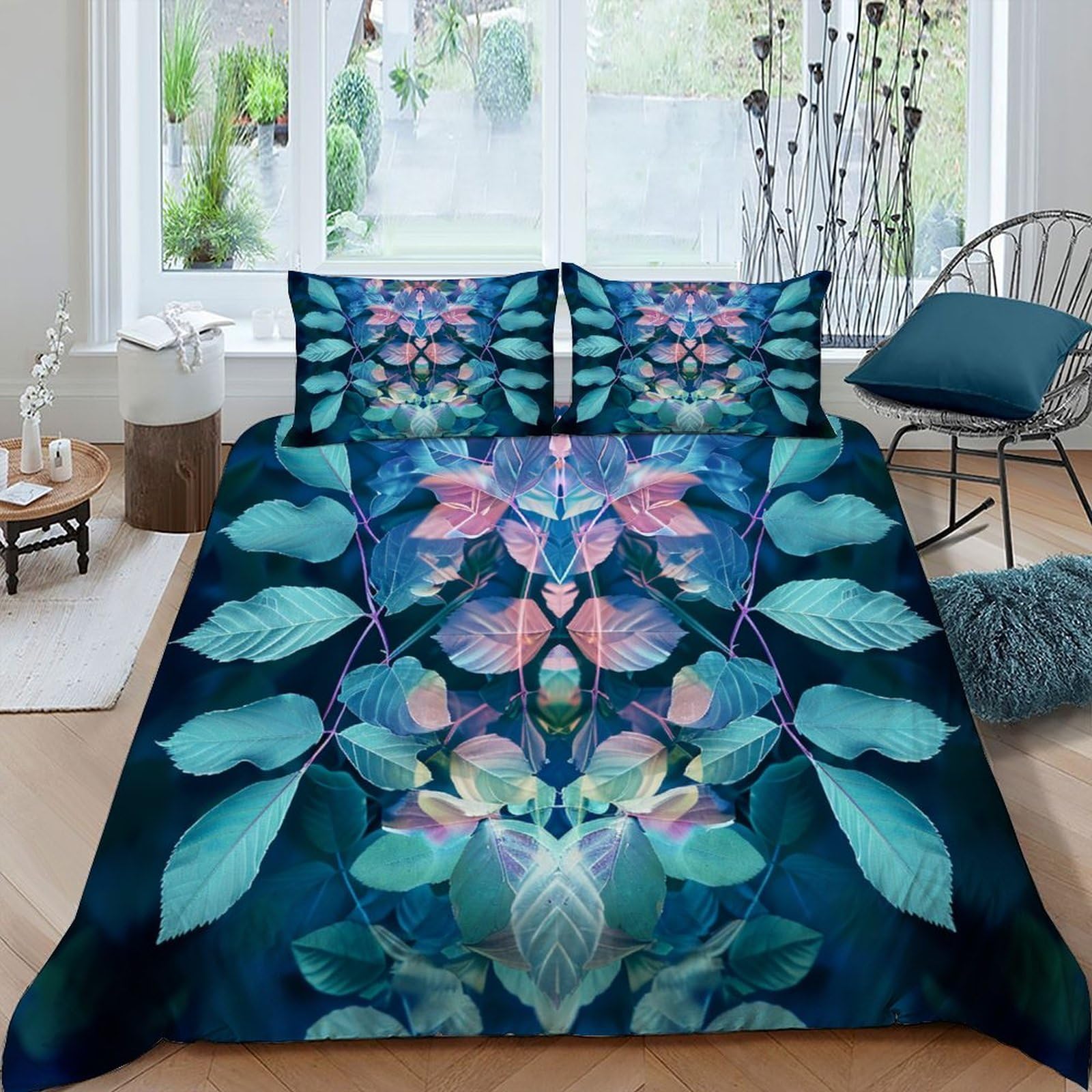 Housse de couette feuilles vertes pour une chambre à coucher ambiance jungle naturelle