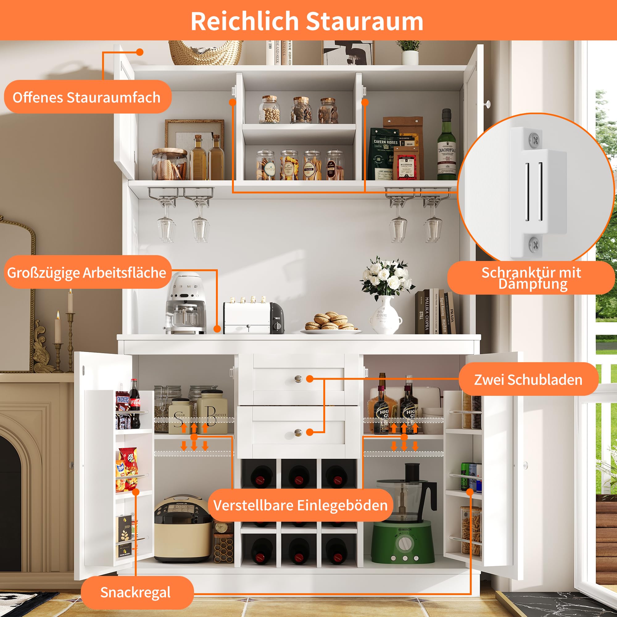 Armadietto da cucina con ripiani regolabili e scaffale per vino, a buffet alto con 4 ante e 2 cassetti, credenza per cucina e soggiorno, armadietto a buffet, 120 x 40 x 188 cm (bianco)