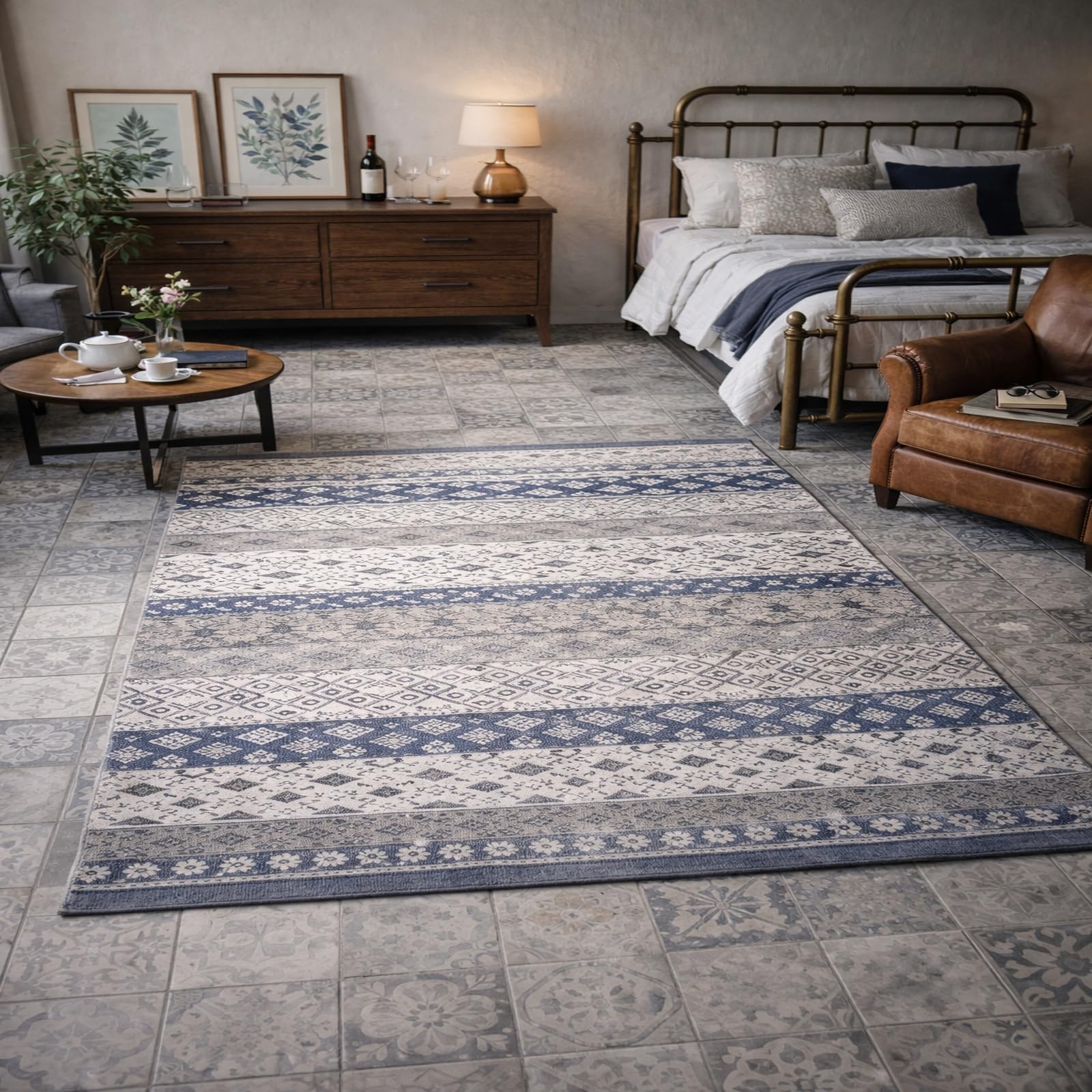 Alfombra de pelo corto para dormitorio lavable y suave con diseño azul moderno