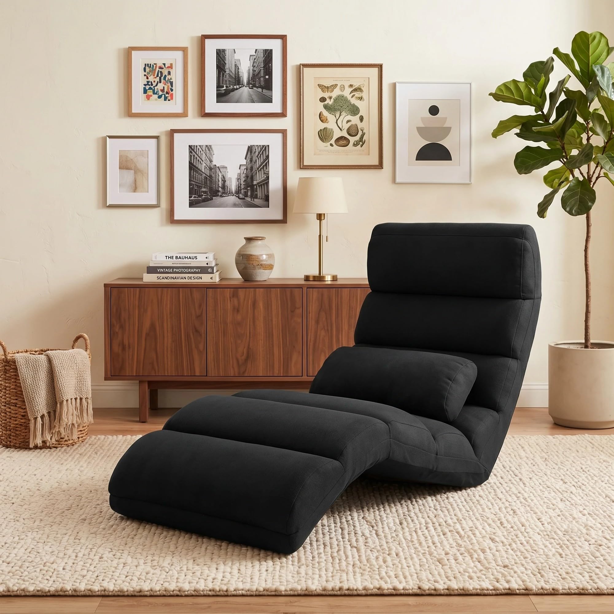 RELAX4LIFE Relaxliege, Bodenliege 5-Fach Einstellbar, Bodenstuhl Faltbar, Relaxsessel mit Kissen, Liegesessel mit Schlaffunktion, bis 120kg belastbar, Klappsessel für Lesen & Schlafen (Schwarz)