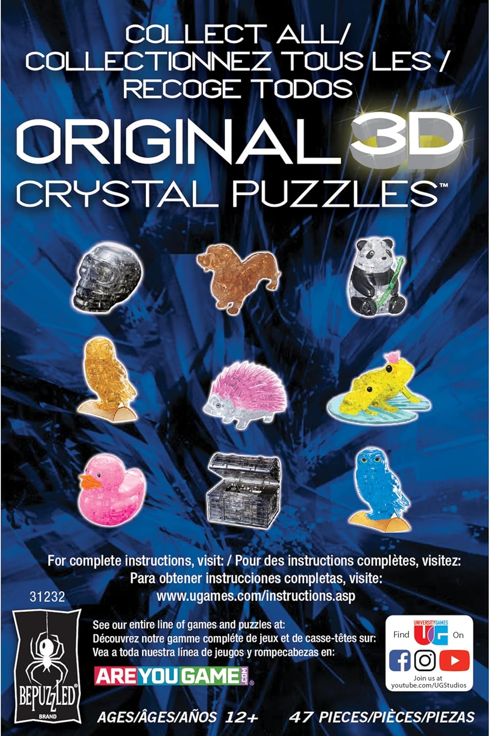 Back of BePuzzled 3D Crystal Puzzle box showing instructions link