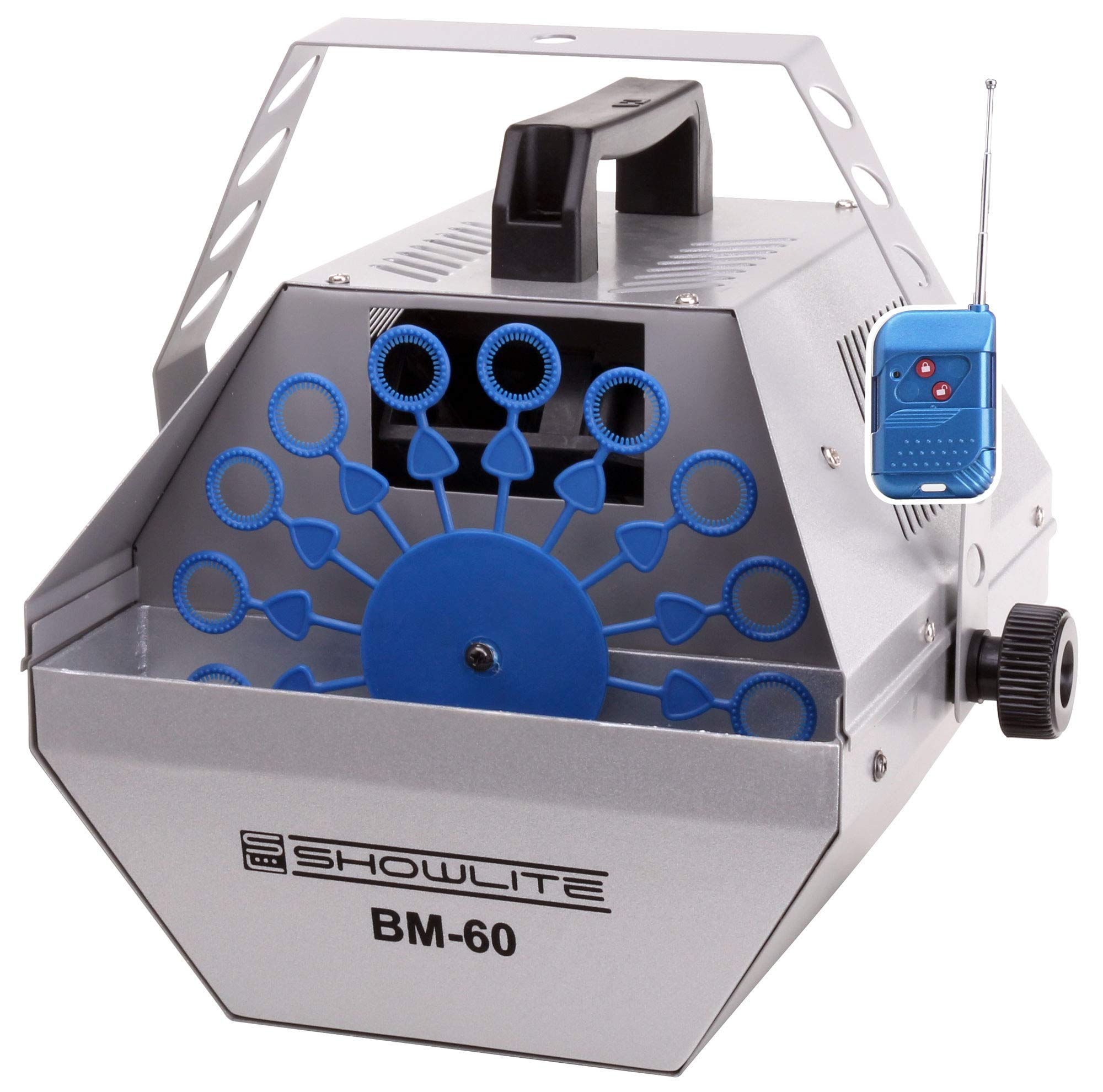 Showlite BM-60 Seifenblasenmaschine 60W mit Funk Fernbedienung (0,6l Tank, 2-3 Stunden Laufzeit bei vollem Tank, Party Effekt, Disco Bubbles) Silber