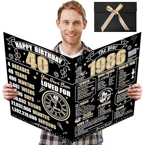 Large 40th Birthday Card With Envelope for Men Women, 1986 Black Gold Happy 40th Birthday Giant Guest Signature Book Gifts, Big Vintage 1986 40 Greeting Card Decoration Party Supplies