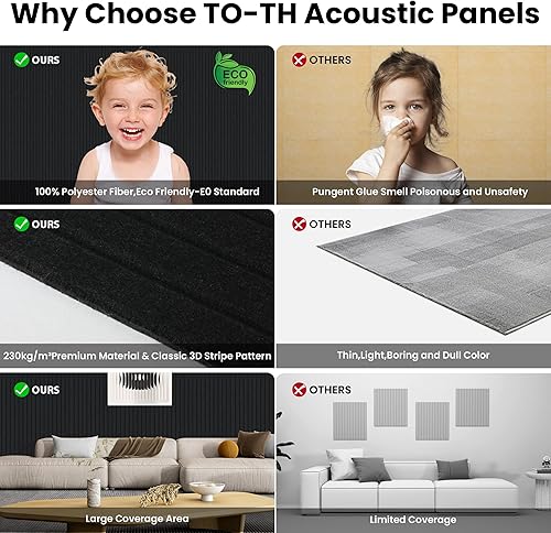 Miniatura 8 de Paquete de 10 paneles acústicos grandes de espuma a prueba de sonido de 48 x 24 x 0.4 pulgadas para pared, amortiguación del ruido, de alta calidad,