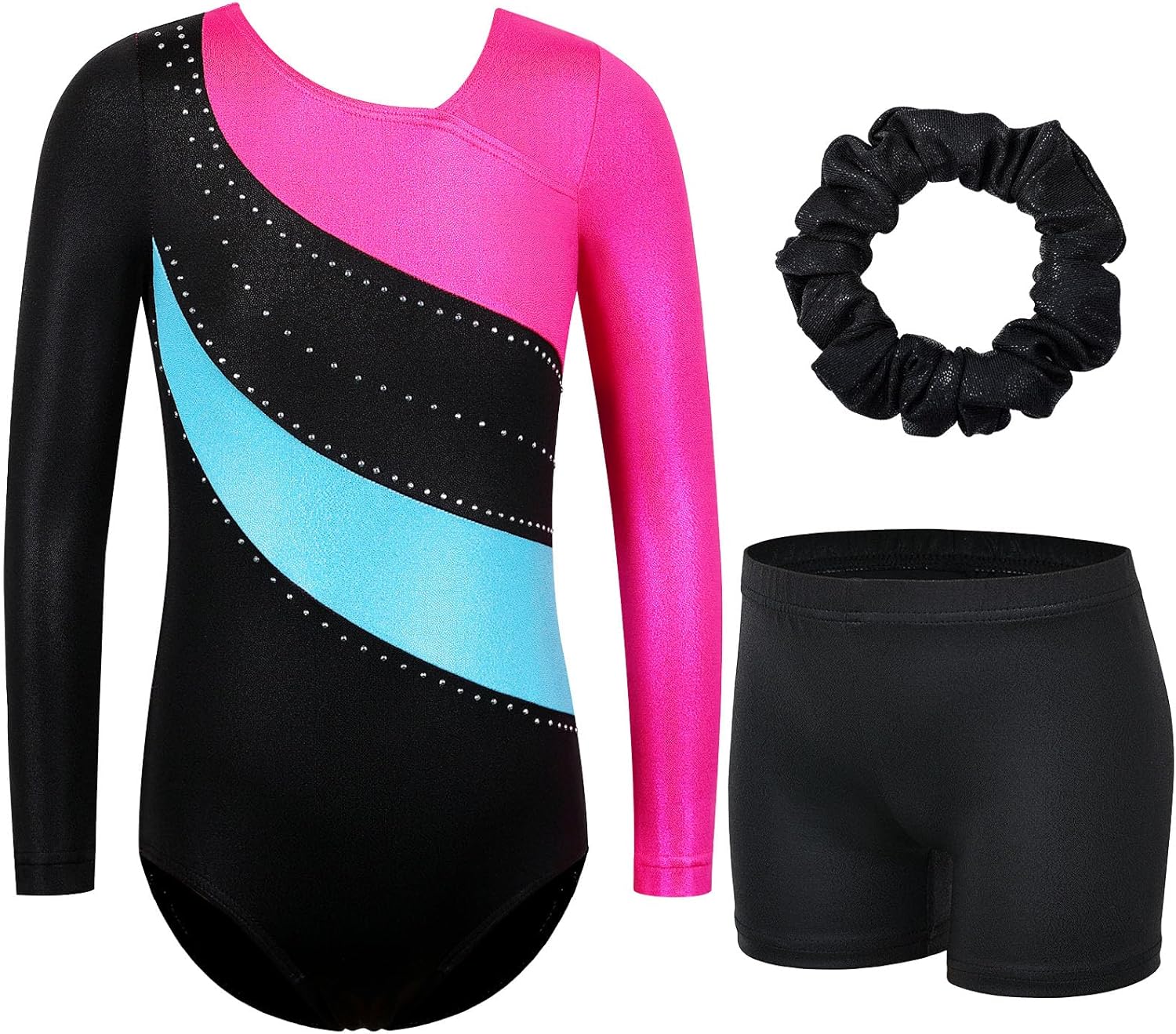 BAOHULU Gymnastics Leotards for Girls Patriotic Glitter Long Sleeve Dancewear with Matching Shorts Set